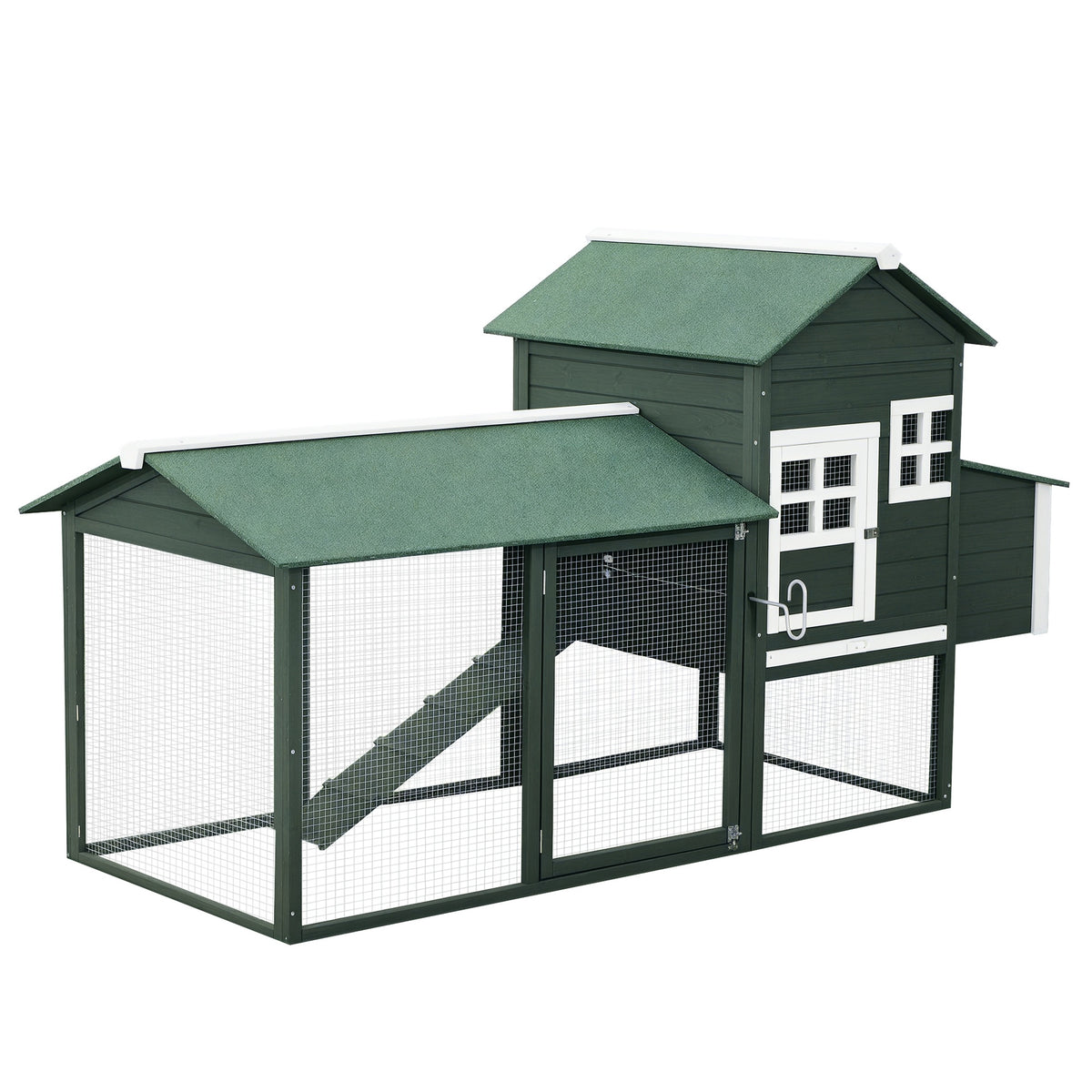 PawHut 84" Wooden Chicken Coop, Hen House Outdoor with Run Nesting Box, Asphalt Roof, Removable Tray, Ramp, Poultry Cage for 2-3 Chickens, Green