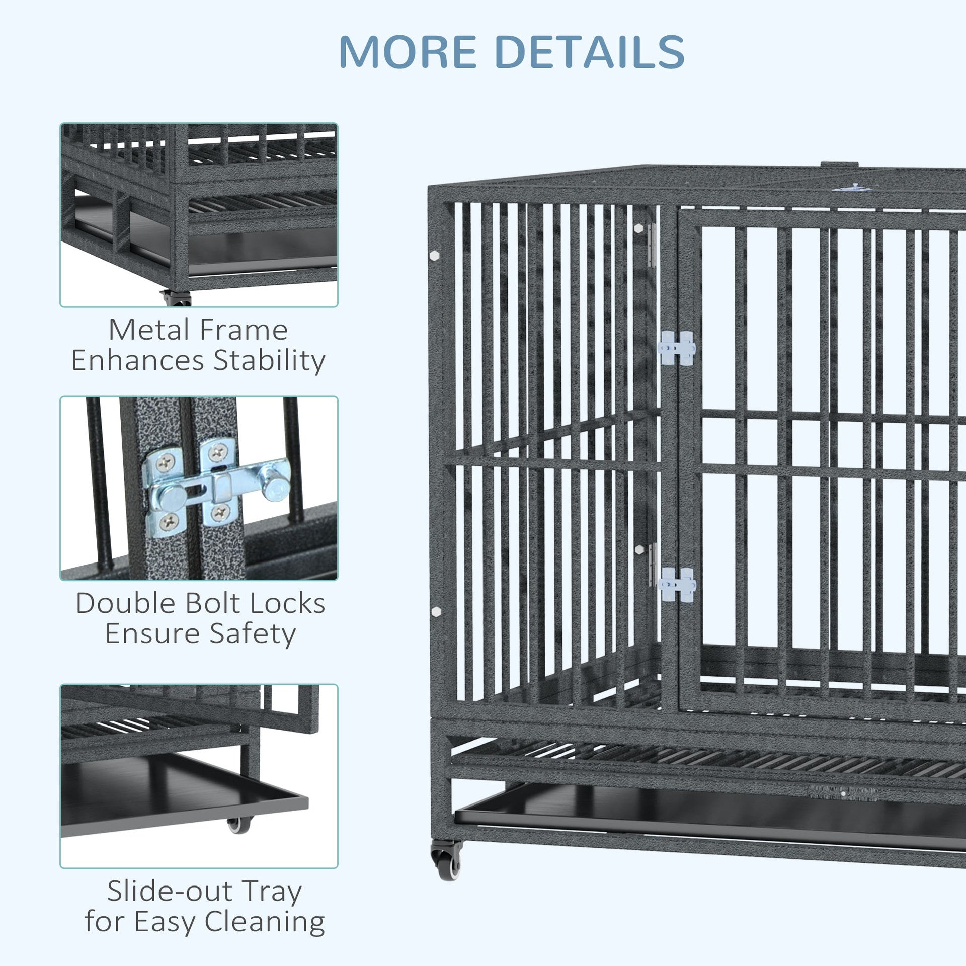 PawHut 43" Heavy Duty Dog Crate Metal Cage Kennel with Lockable Wheels, Double Door and Removable Tray, Gray