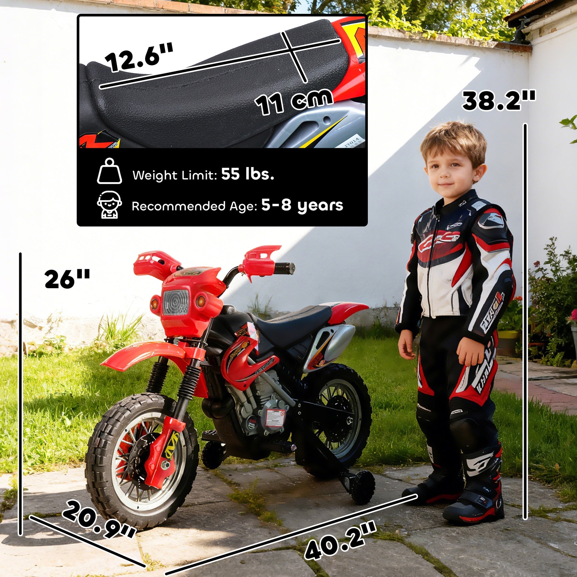 Aosom 6V Kids Motorcycle, Electric Motorcycle with Dirt Bike Style, Street Bike Design Battery Powered Ride On Toy with Training Wheels, Headlight, Music, Ages 5-8, Red