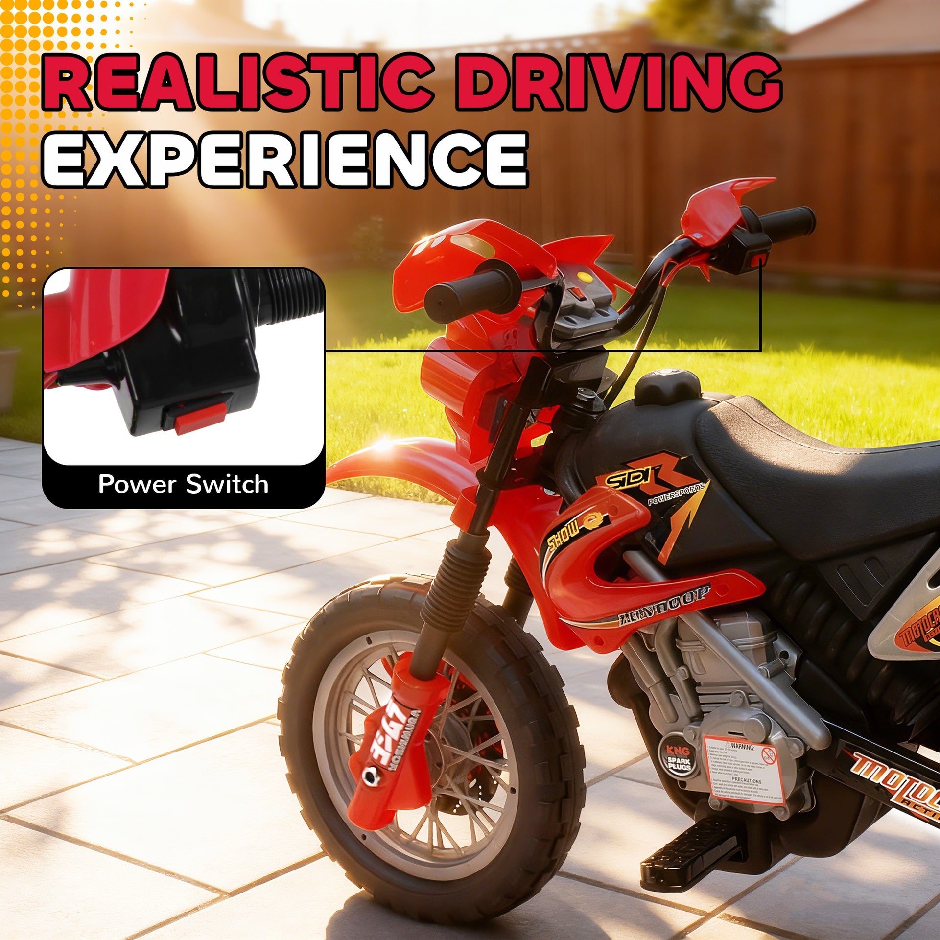 Aosom 6V Kids Motorcycle, Electric Motorcycle with Dirt Bike Style, Street Bike Design Battery Powered Ride On Toy with Training Wheels, Headlight, Music, Ages 5-8, Red