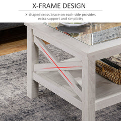 HOMCOM Coffee Table with Tempered Glass Tabletop, Living Room Table with Wood Frame and Underneath Storage Shelf, White Oak