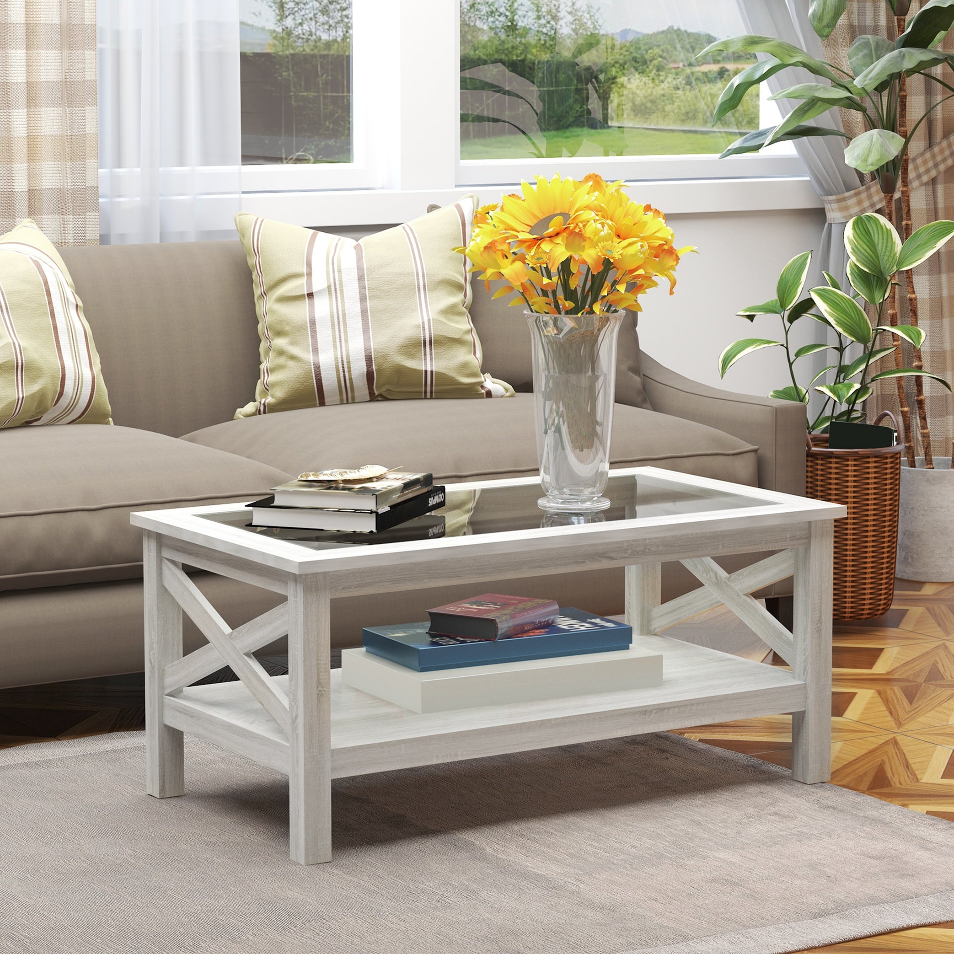 HOMCOM Coffee Table with Tempered Glass Tabletop, Living Room Table with Wood Frame and Underneath Storage Shelf, White Oak