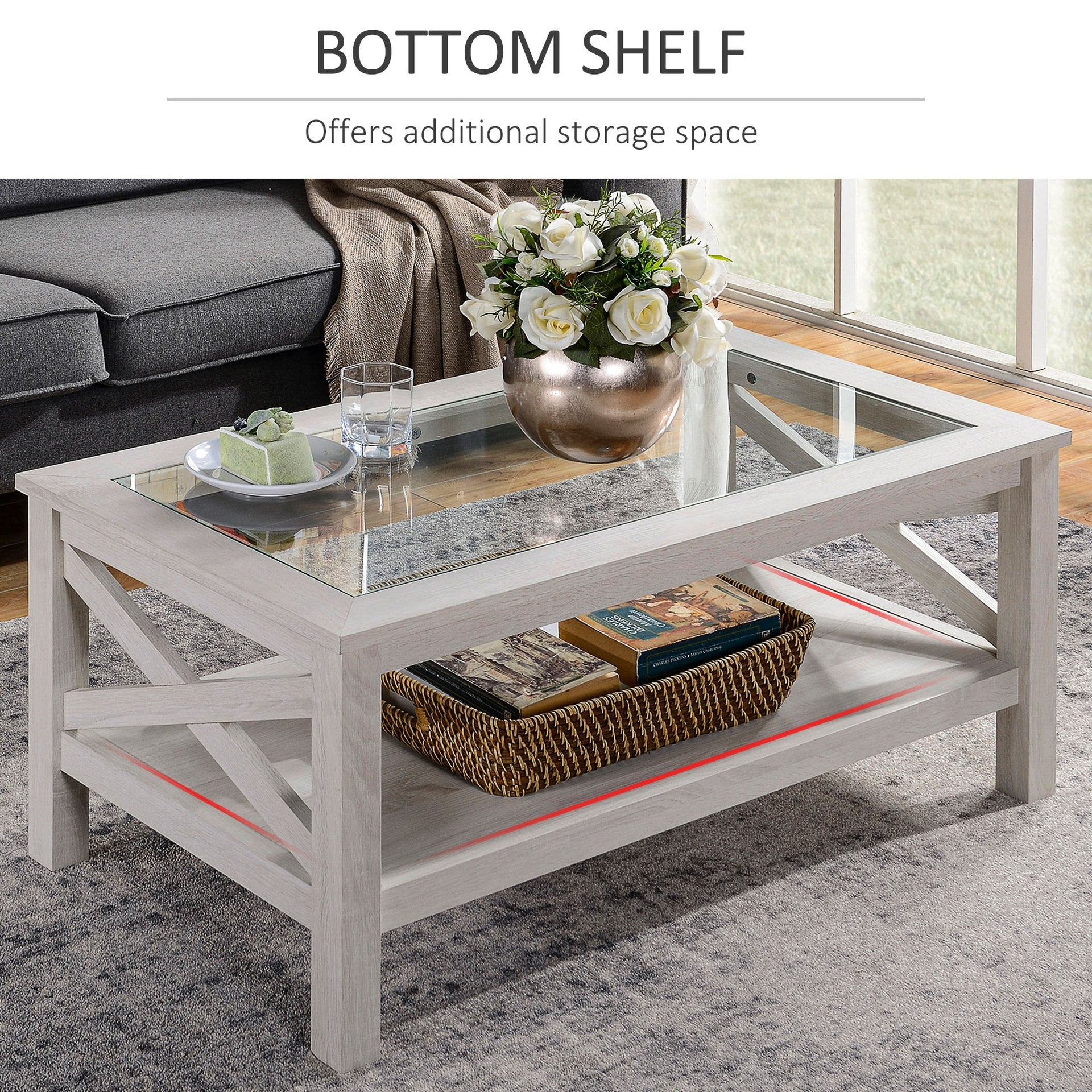 HOMCOM Coffee Table with Tempered Glass Tabletop, Living Room Table with Wood Frame and Underneath Storage Shelf, White Oak