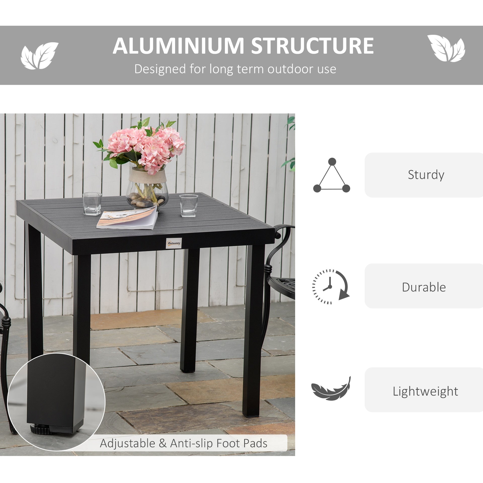 Outsunny Patio Dining Table for 4, Rectangular Aluminum Outdoor Table for Garden Lawn Backyard, Black