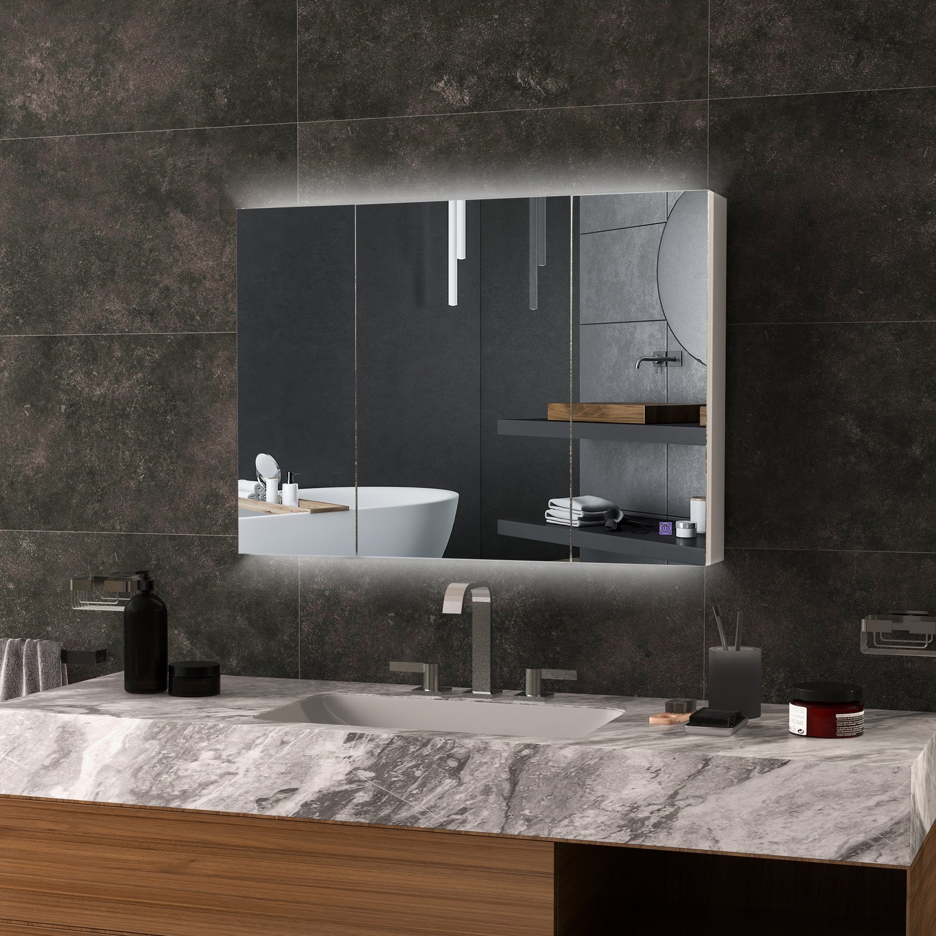 kleankin Bathroom Mirror Cabinet with Light, Bathroom Storage Cupboard with USB Charge, Adjustable Shelf, 35.5"W x 25.5"H, White