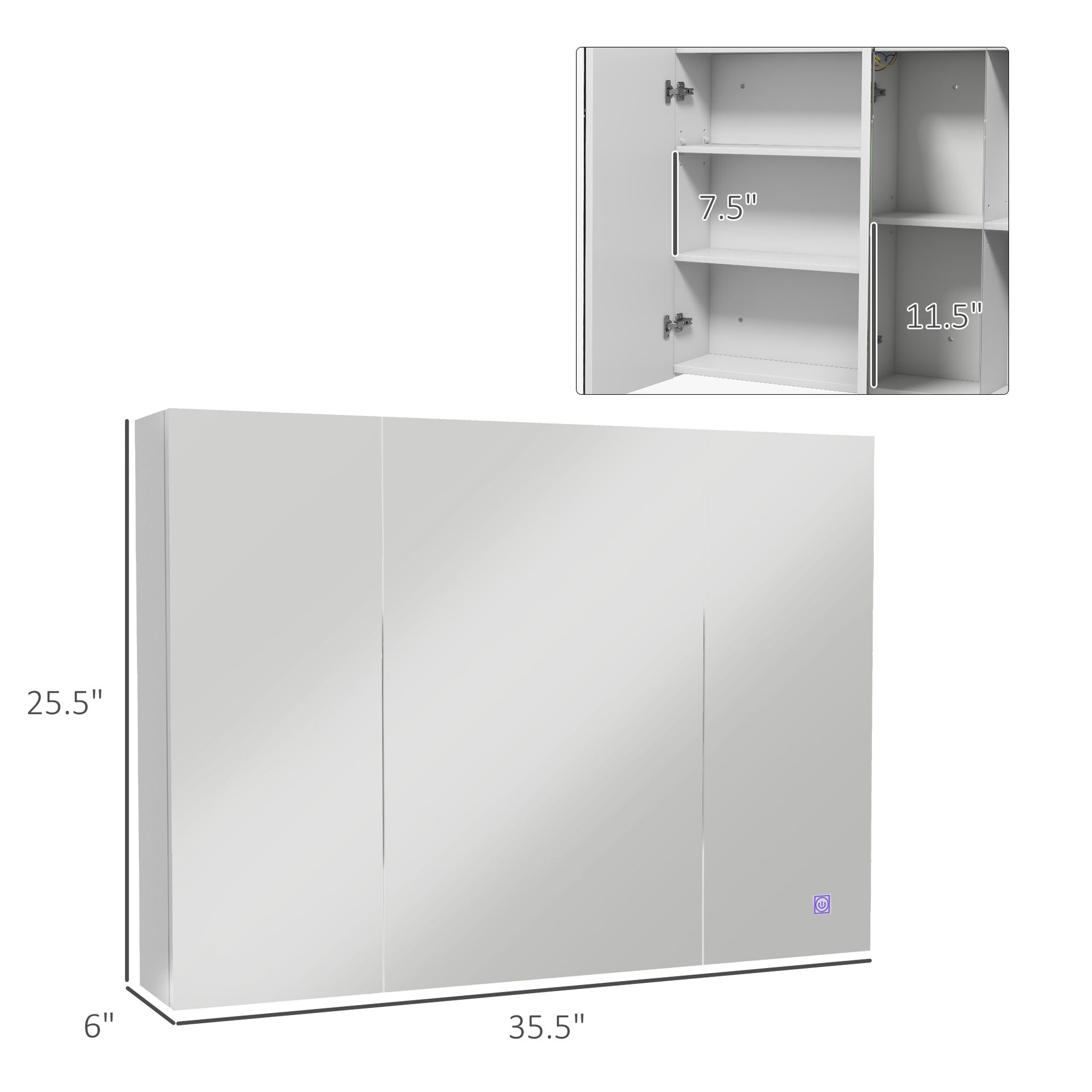 kleankin Bathroom Mirror Cabinet with Light, Bathroom Storage Cupboard with USB Charge, Adjustable Shelf, 35.5"W x 25.5"H, White