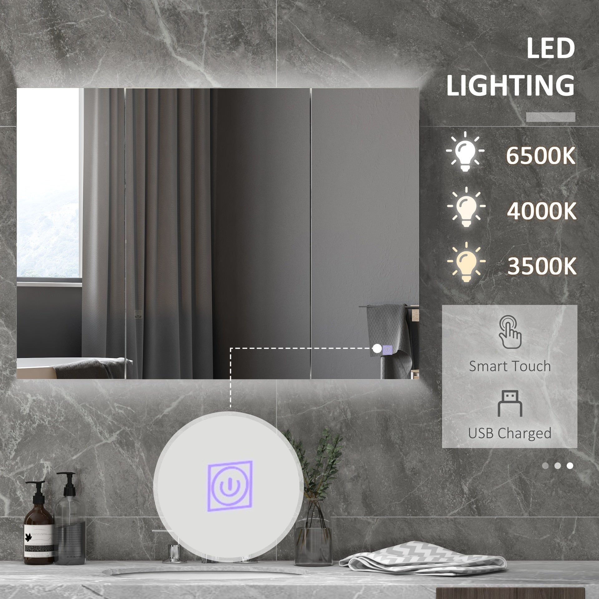 kleankin Bathroom Mirror Cabinet with Light, Bathroom Storage Cupboard with USB Charge, Adjustable Shelf, 35.5"W x 25.5"H, White