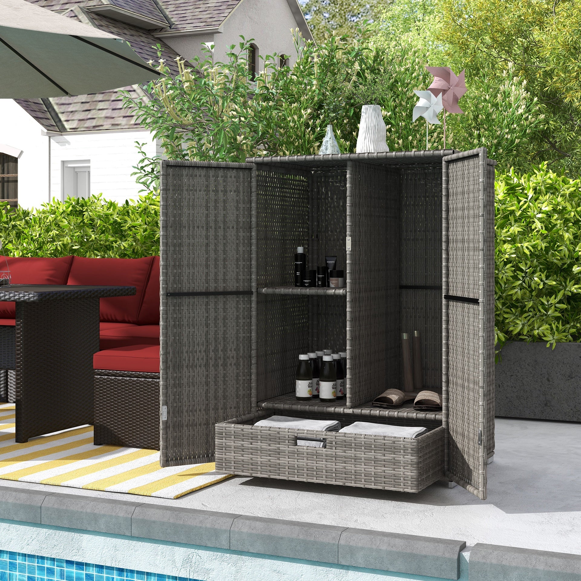 Outsunny Outdoor Storage Cabinet with Shelves, Rattan Pool Towel Storage Cabinet with Removable Shelf & Drawer, Dark Gray