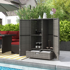 Outsunny Outdoor Storage Cabinet with Shelves, Rattan Pool Towel Storage Cabinet with Removable Shelf & Drawer, Dark Gray
