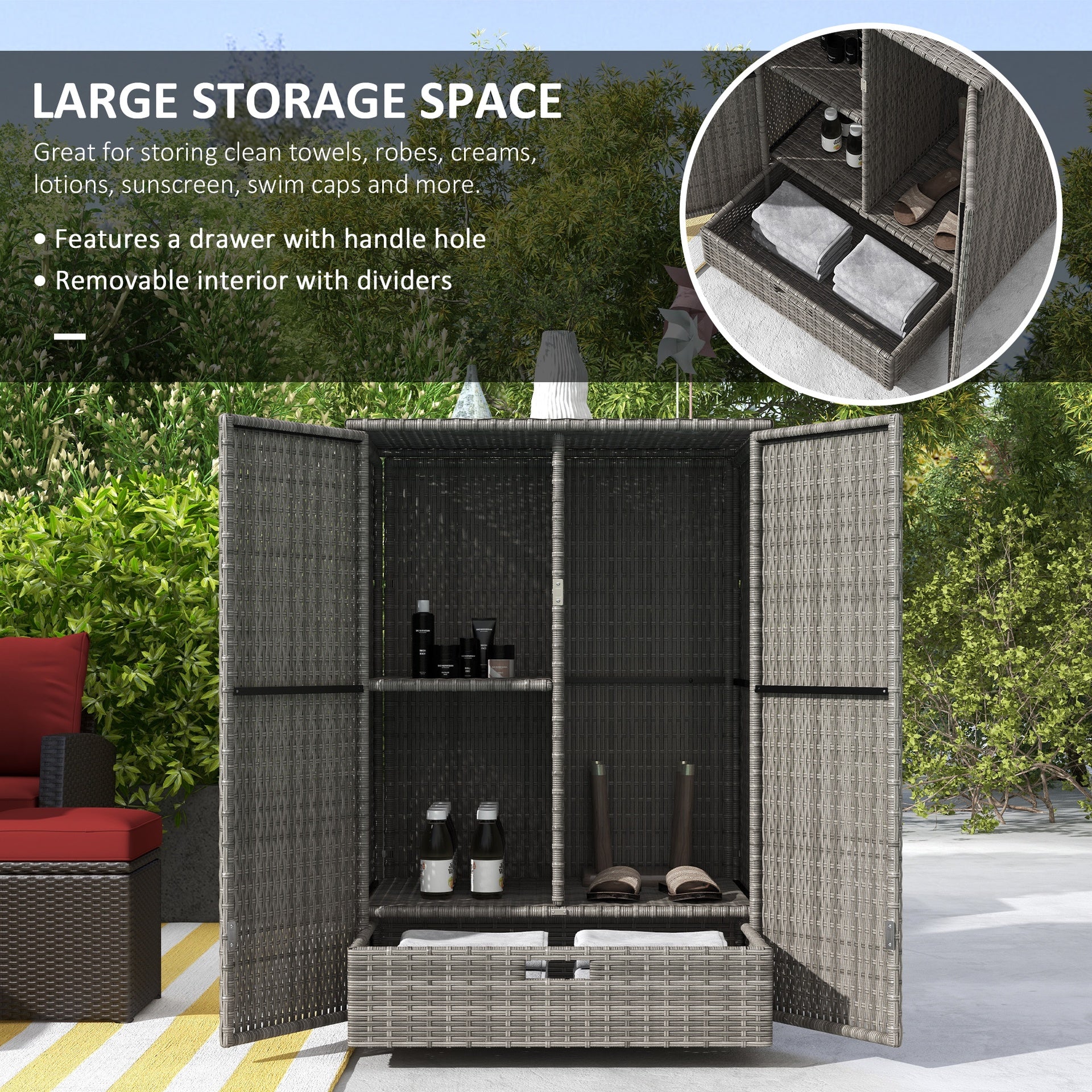 Outsunny Outdoor Storage Cabinet with Shelves, Rattan Pool Towel Storage Cabinet with Removable Shelf & Drawer, Dark Gray