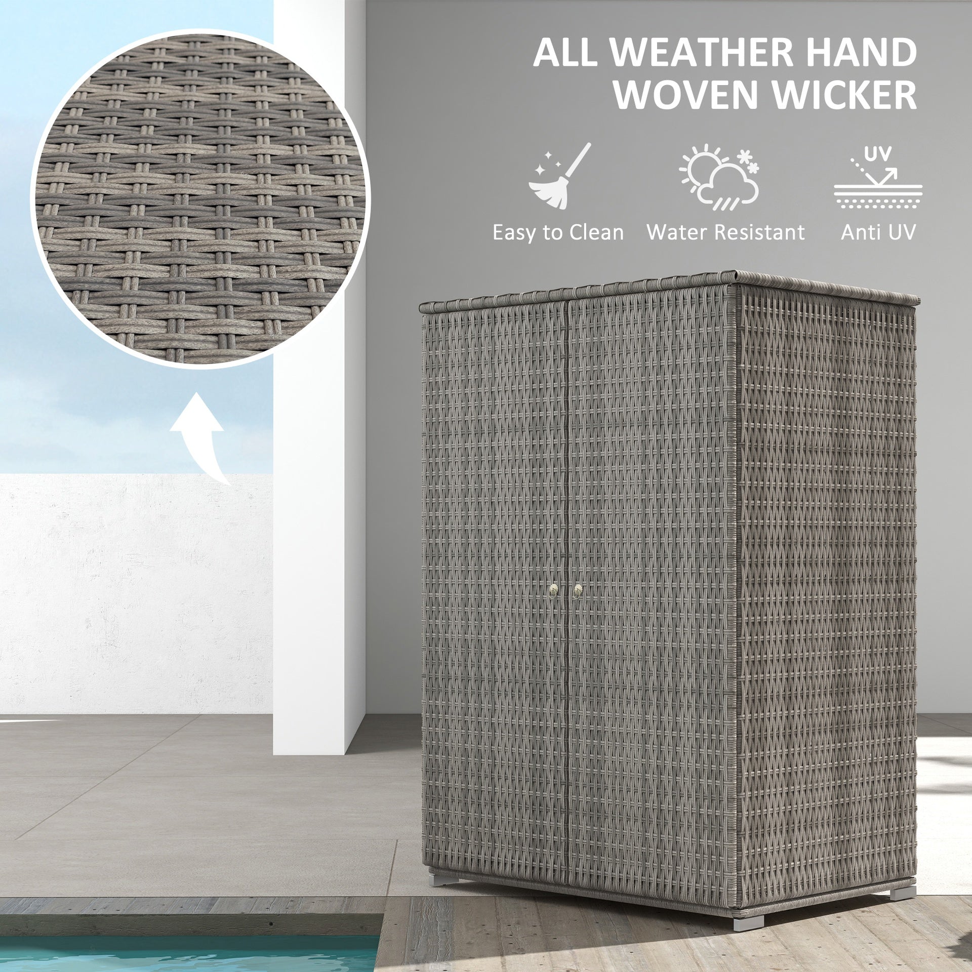 Outsunny Outdoor Storage Cabinet with Shelves, Rattan Pool Towel Storage Cabinet with Removable Shelf & Drawer, Dark Gray