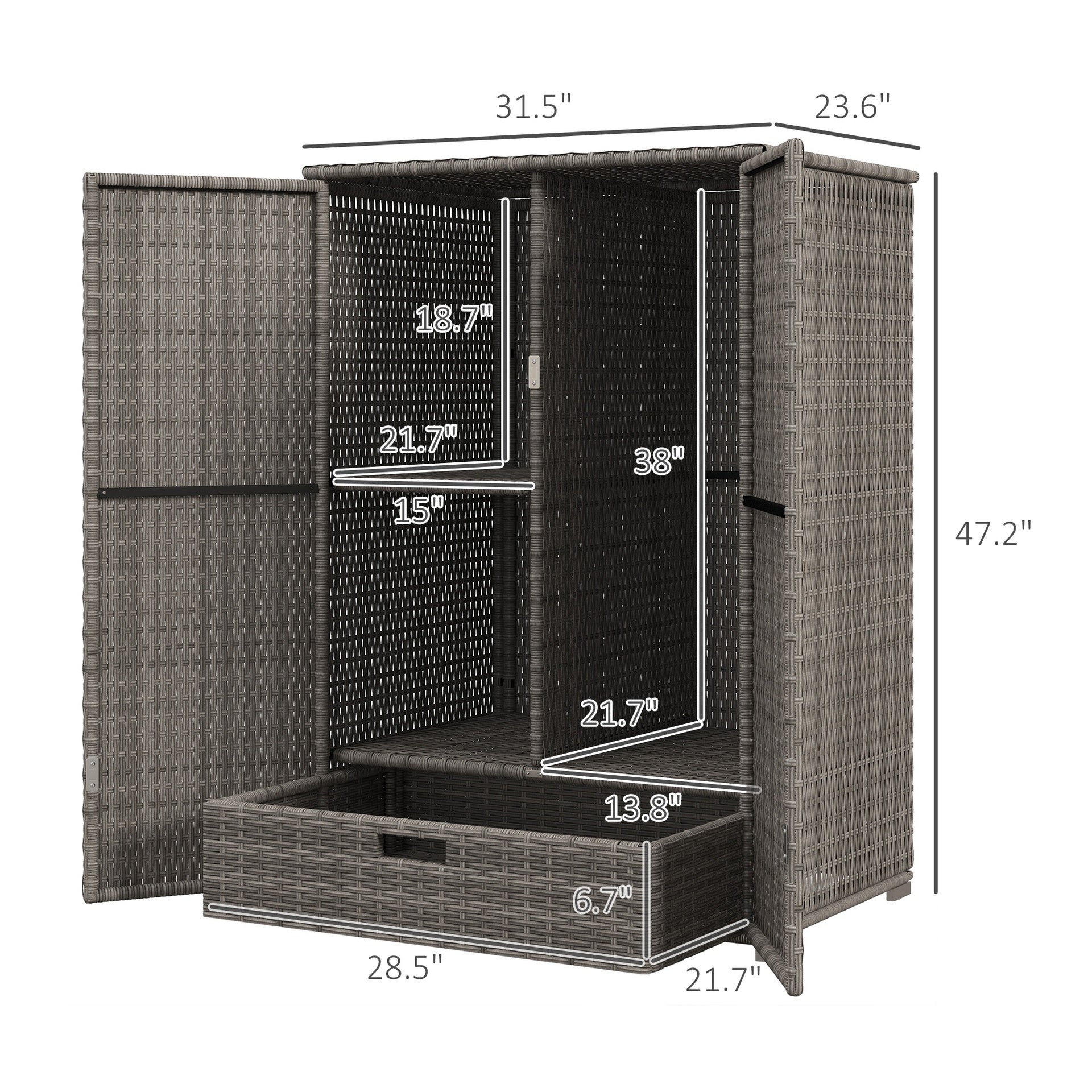 Outsunny Outdoor Storage Cabinet with Shelves, Rattan Pool Towel Storage Cabinet with Removable Shelf & Drawer, Dark Gray