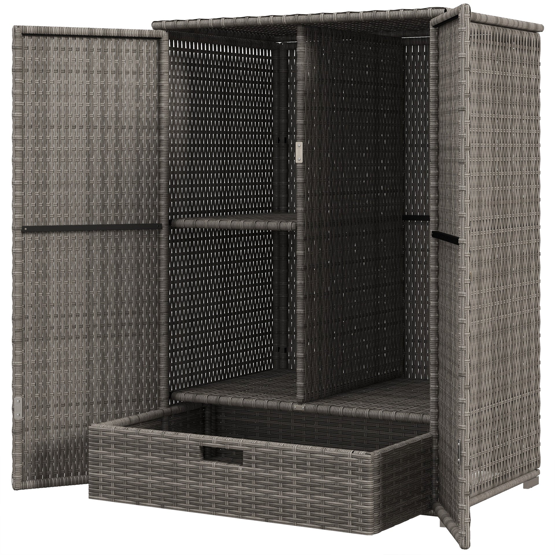 Outsunny Outdoor Storage Cabinet with Shelves, Rattan Pool Towel Storage Cabinet with Removable Shelf & Drawer, Dark Gray