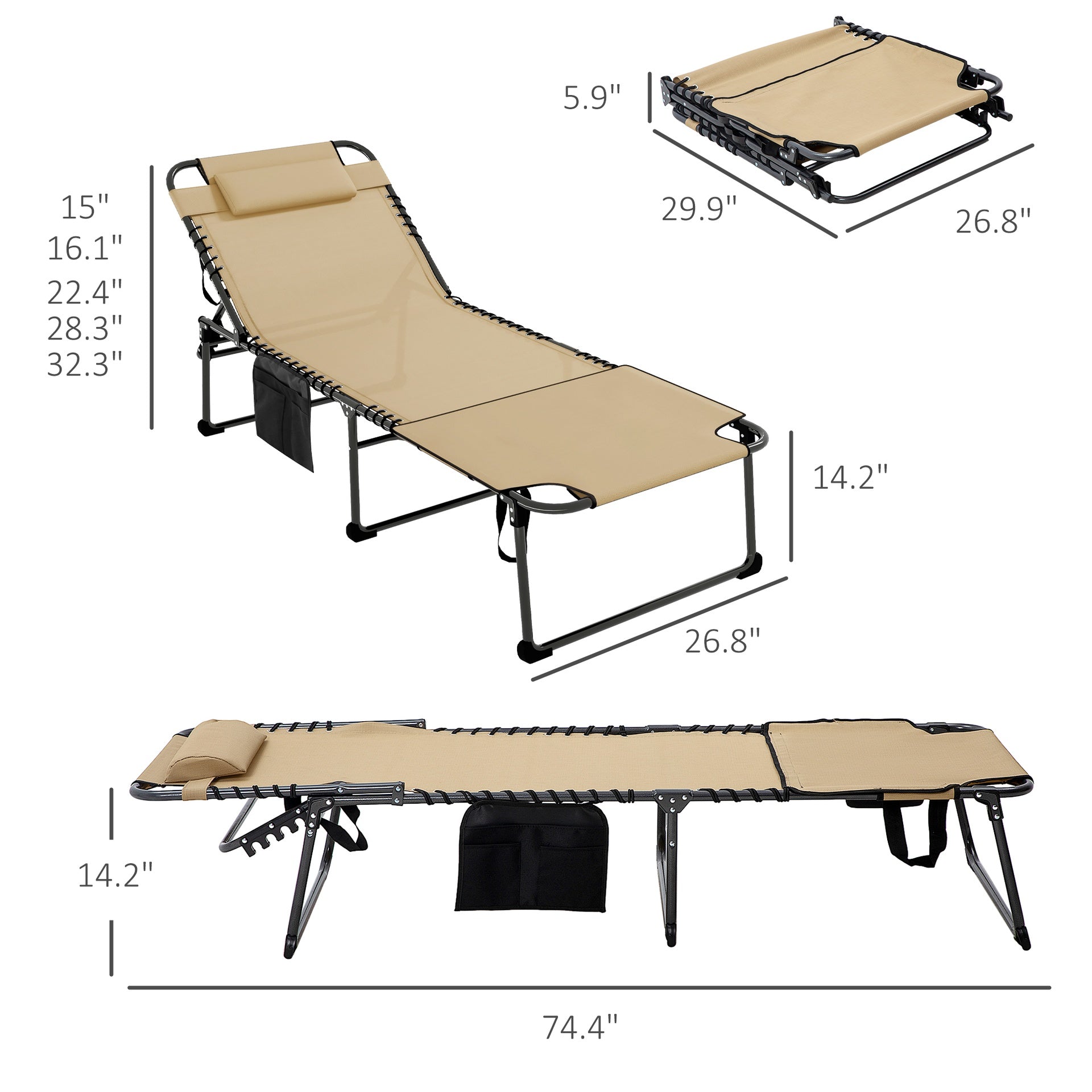 Outsunny Folding Chaise Tanning Lounge Chair w/ 5-level Reclining Back, Reading Hole, Side Pocket, Headrest, Beige