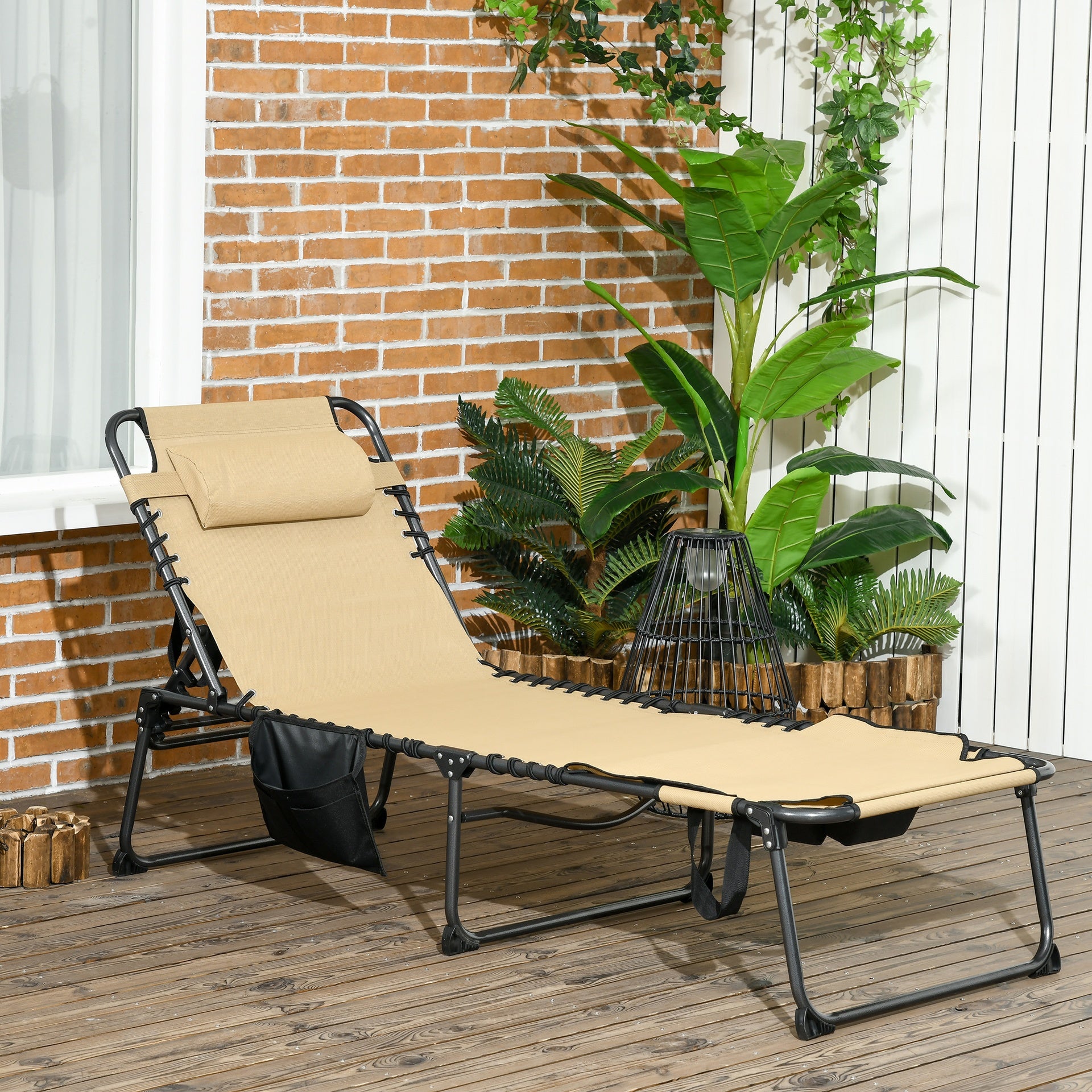 Outsunny Folding Chaise Tanning Lounge Chair w/ 5-level Reclining Back, Reading Hole, Side Pocket, Headrest, Beige