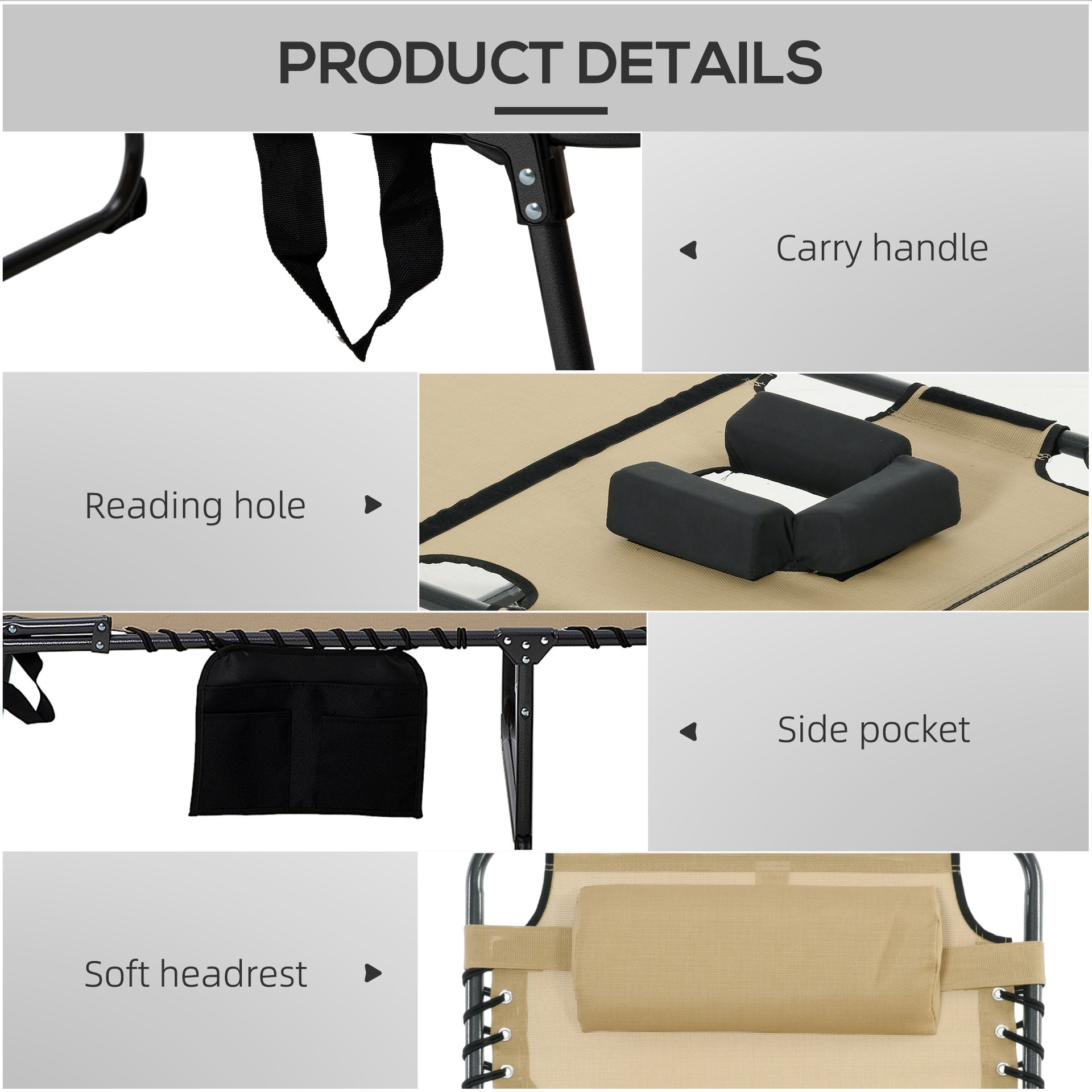 Outsunny Folding Chaise Tanning Lounge Chair w/ 5-level Reclining Back, Reading Hole, Side Pocket, Headrest, Beige