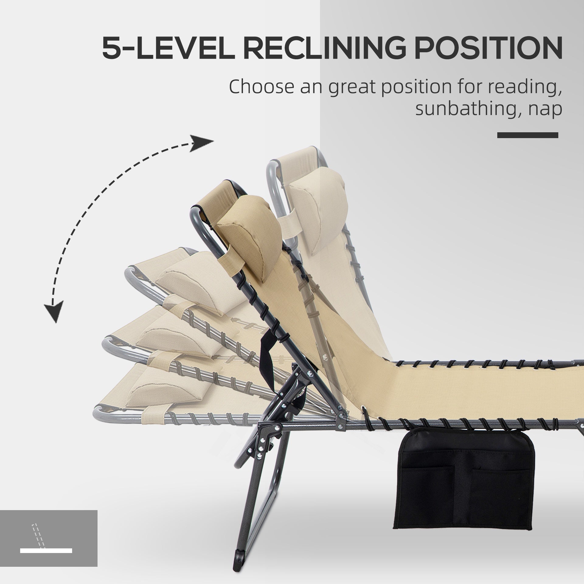 Outsunny Folding Chaise Tanning Lounge Chair w/ 5-level Reclining Back, Reading Hole, Side Pocket, Headrest, Beige