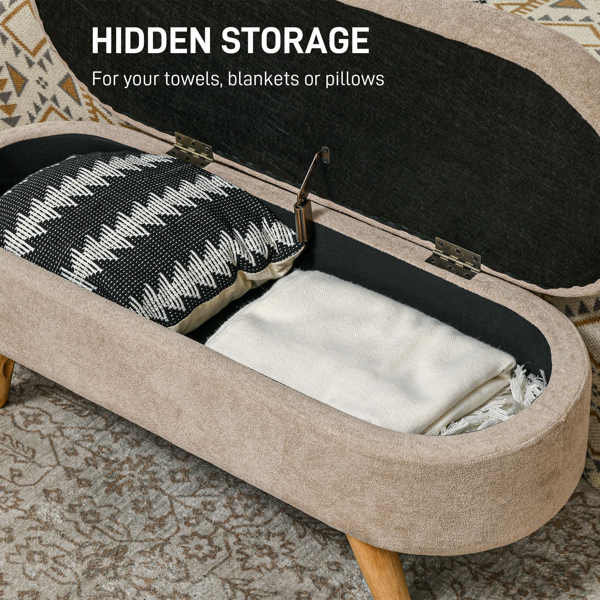 HOMCOM Storage Ottoman Bench, 43.3" Upholstered End of Bed Bench with Wood Legs, Modern Entryway Bench, Beige