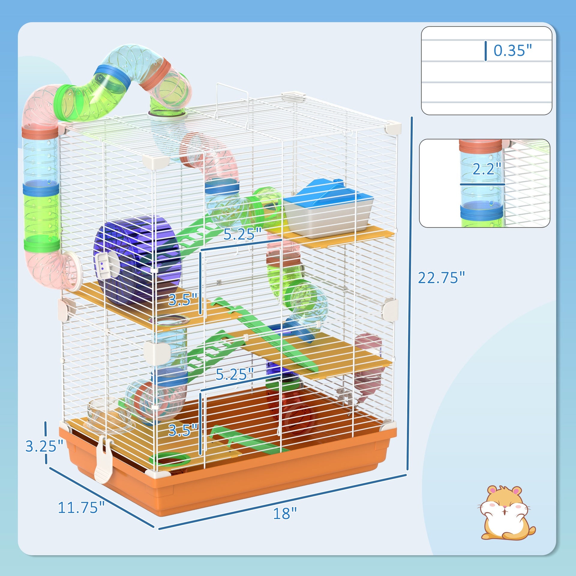 PawHut 5 Tiers Hamster Cage Portable Animal Travel Carrier w/ Exercise Wheels Tube, Orange