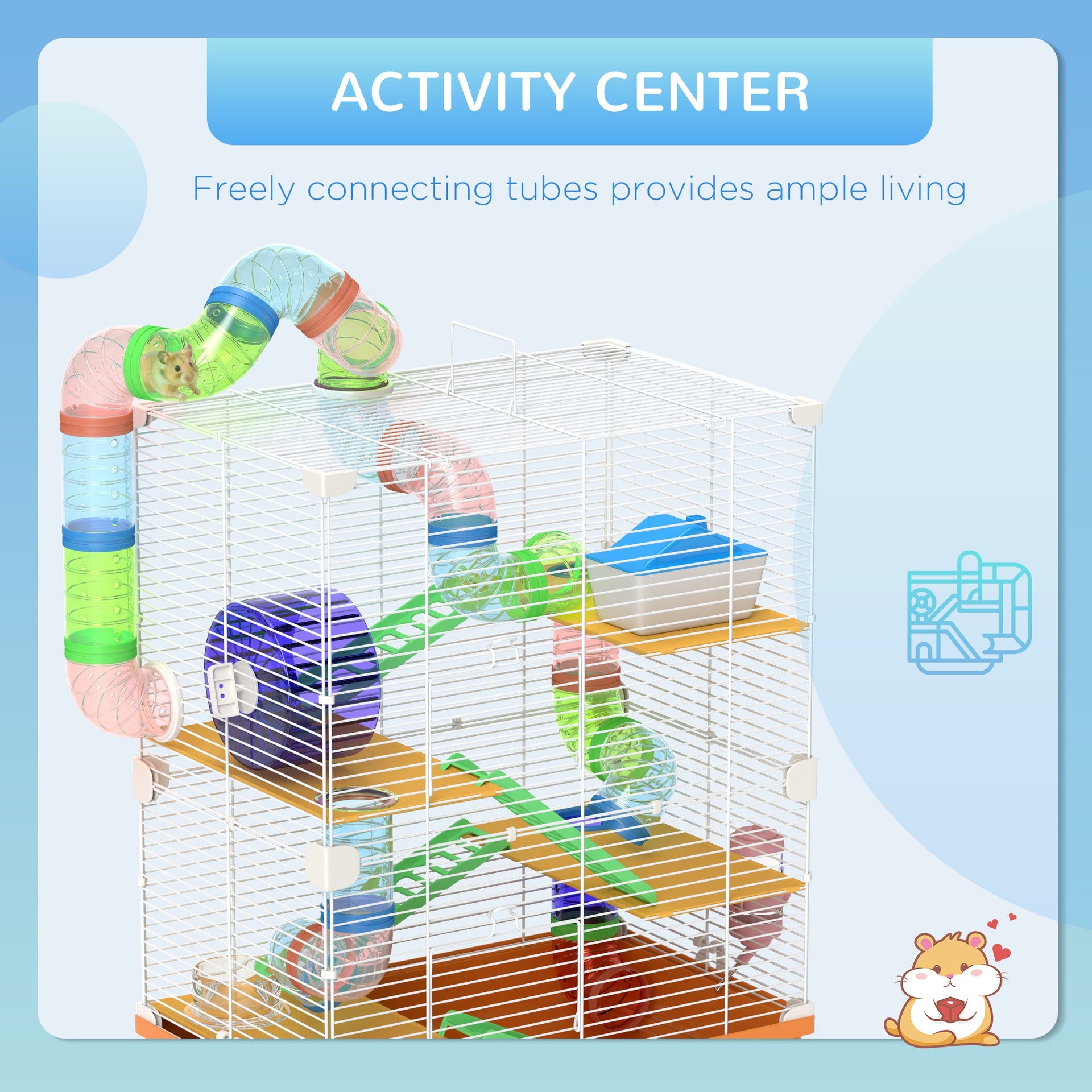 PawHut 5 Tiers Hamster Cage Portable Animal Travel Carrier w/ Exercise Wheels Tube, Orange