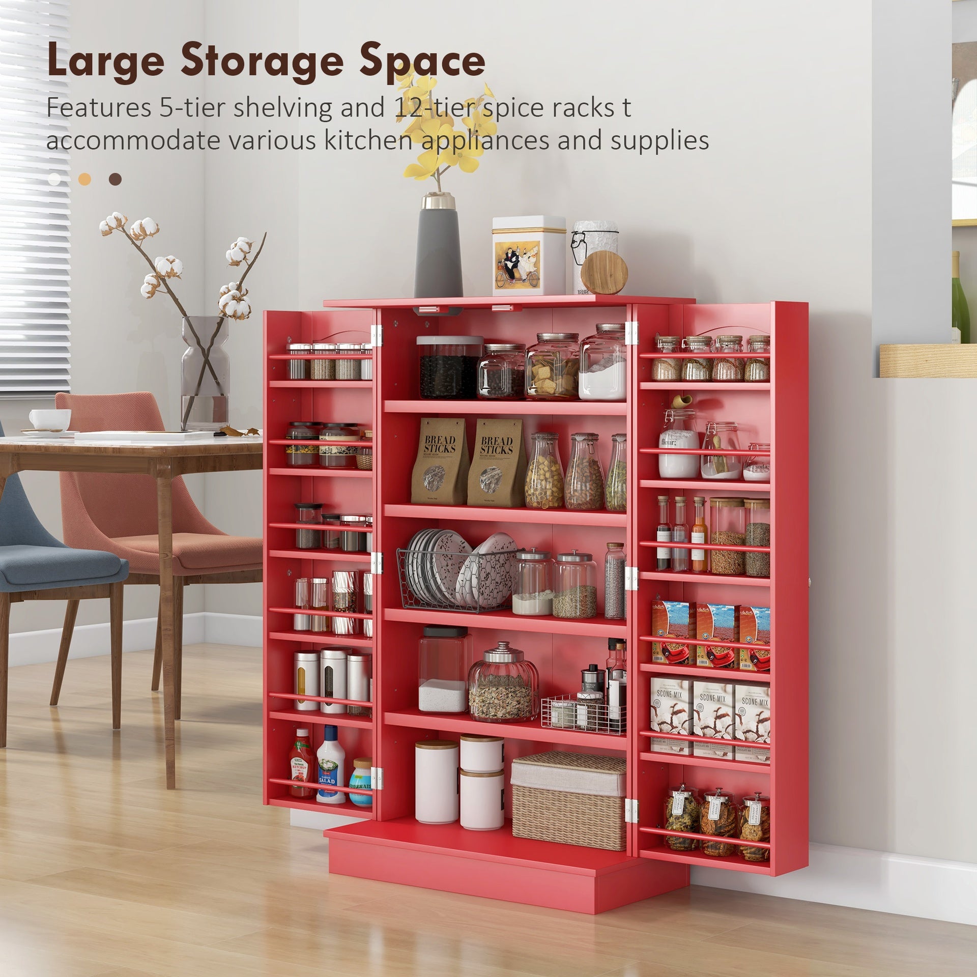 HOMCOM Kitchen Sideboard Cabinet, Large Kitchen Storage Cabinet w/ Double Doors & 5-tier Shelving for Home, Dining Room, Red