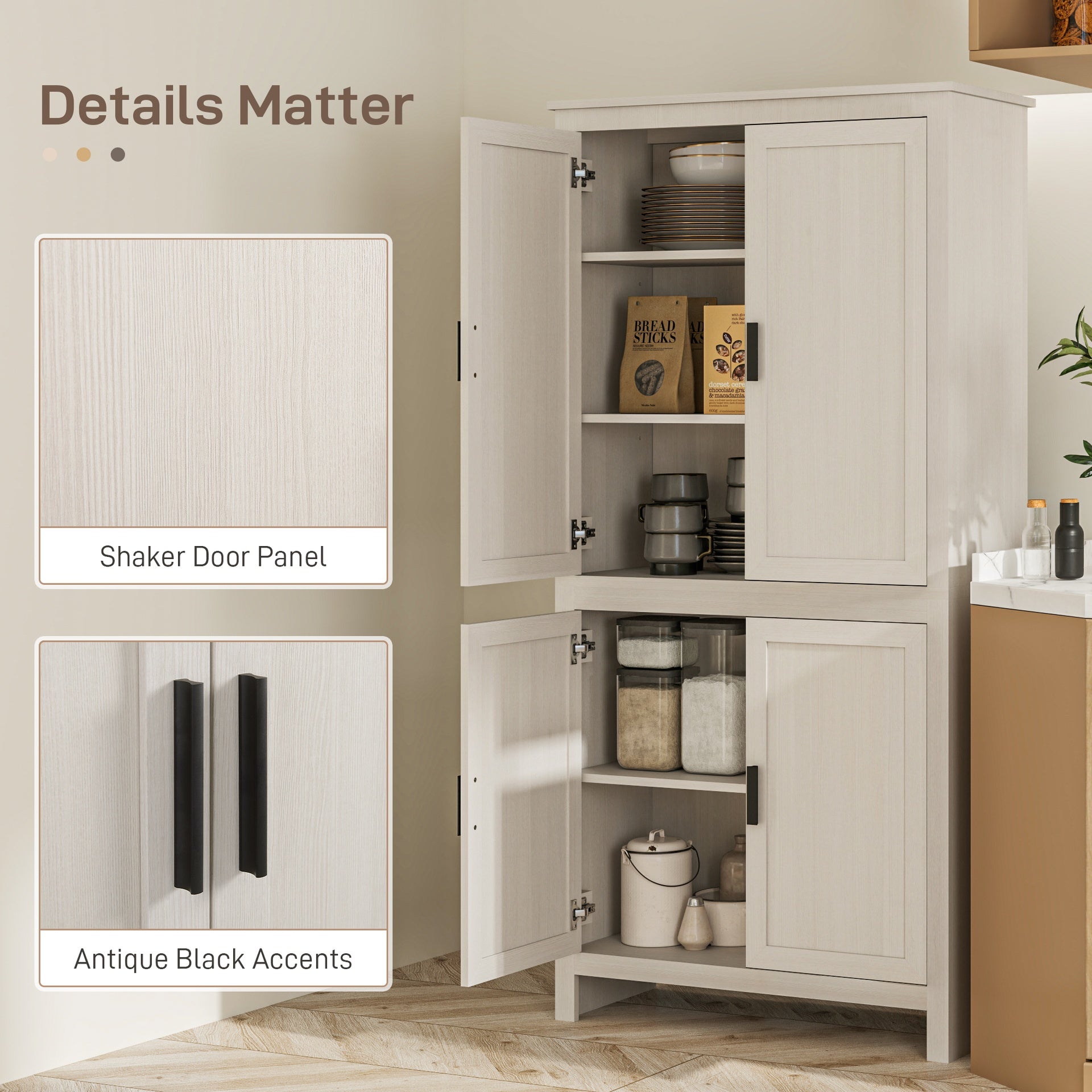 HOMCOM 64" 4-Door Kitchen Pantry, Freestanding Storage Cabinet with 3 Adjustable Shelves for Kitchen, Antique White