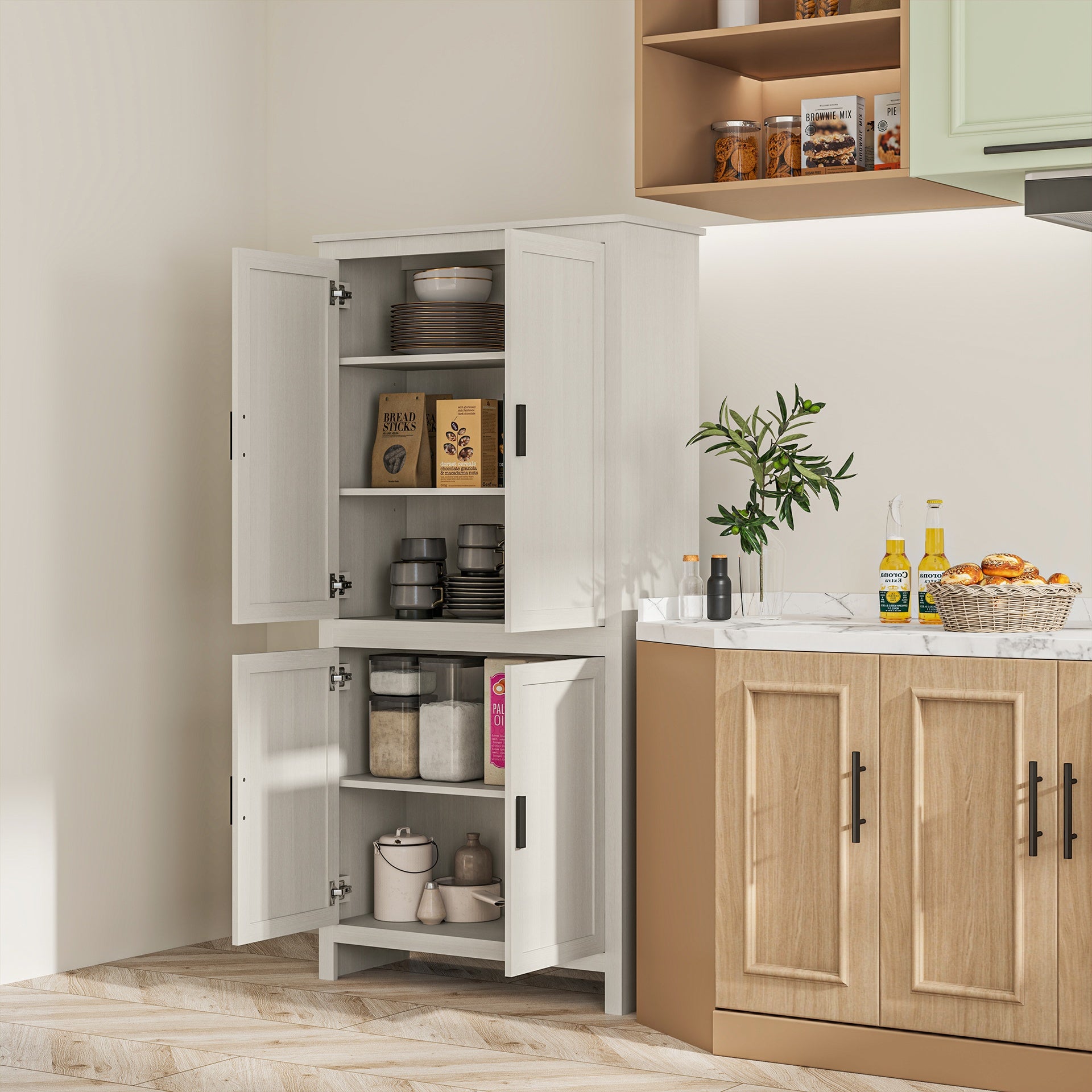 HOMCOM 64" 4-Door Kitchen Pantry, Freestanding Storage Cabinet with 3 Adjustable Shelves for Kitchen, Antique White
