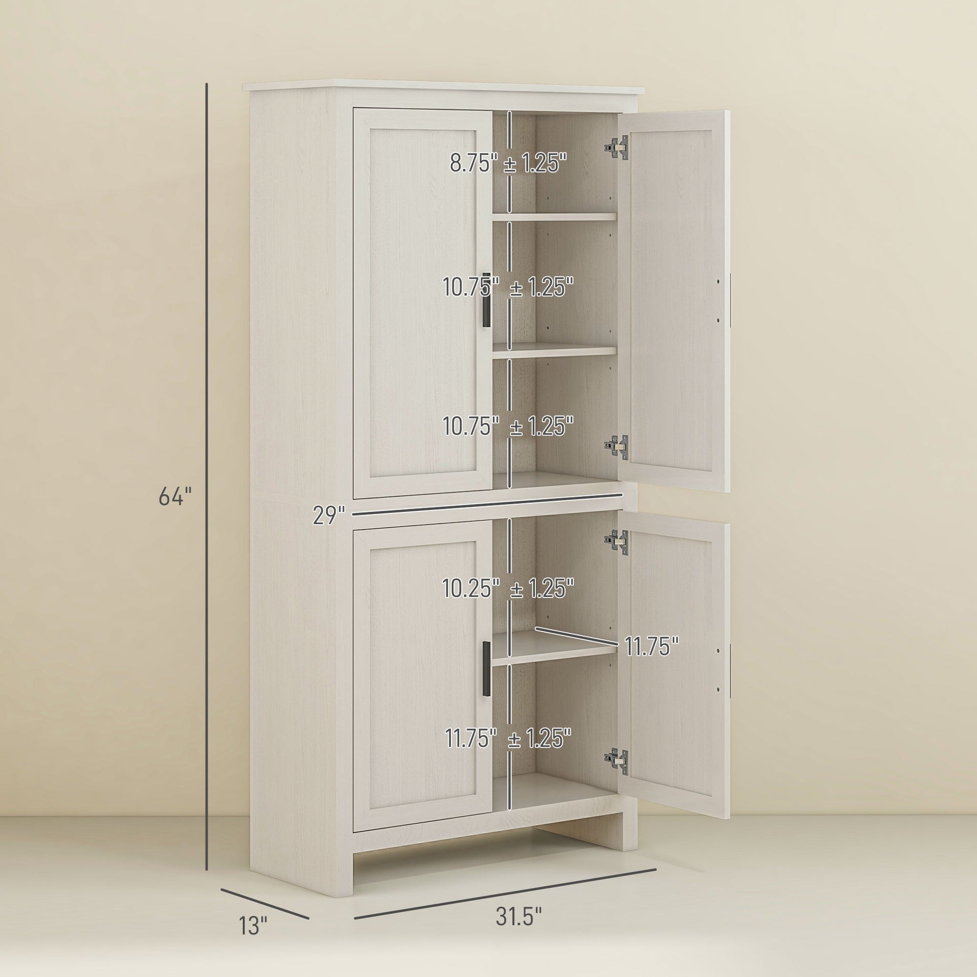 HOMCOM 64" 4-Door Kitchen Pantry, Freestanding Storage Cabinet with 3 Adjustable Shelves for Kitchen, Antique White