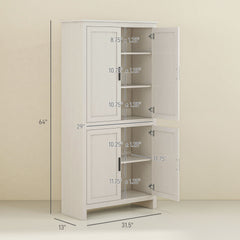 HOMCOM 64" 4-Door Kitchen Pantry, Freestanding Storage Cabinet with 3 Adjustable Shelves for Kitchen, Antique White