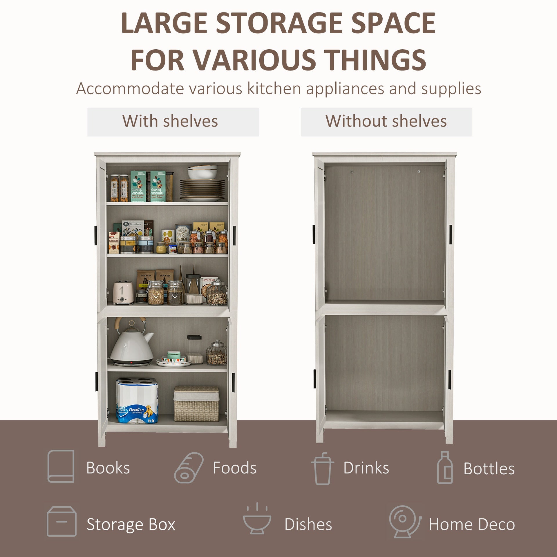 HOMCOM 64" 4-Door Kitchen Pantry, Freestanding Storage Cabinet with 3 Adjustable Shelves for Kitchen, Antique White