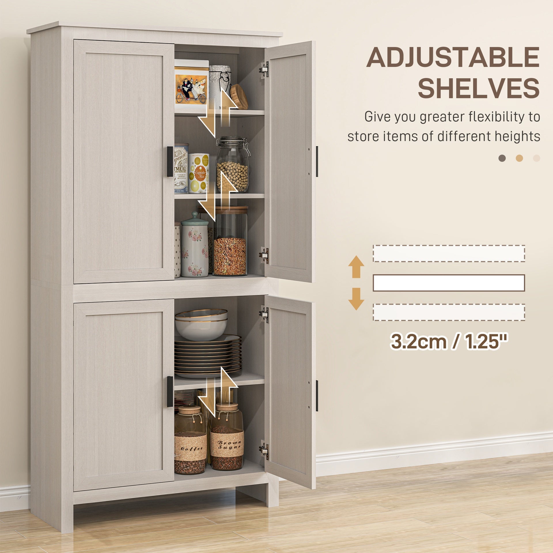 HOMCOM 64" 4-Door Kitchen Pantry, Freestanding Storage Cabinet with 3 Adjustable Shelves for Kitchen, Antique White