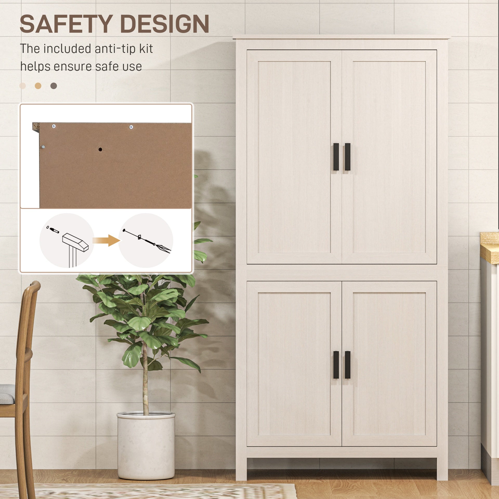 HOMCOM 64" 4-Door Kitchen Pantry, Freestanding Storage Cabinet with 3 Adjustable Shelves for Kitchen, Antique White