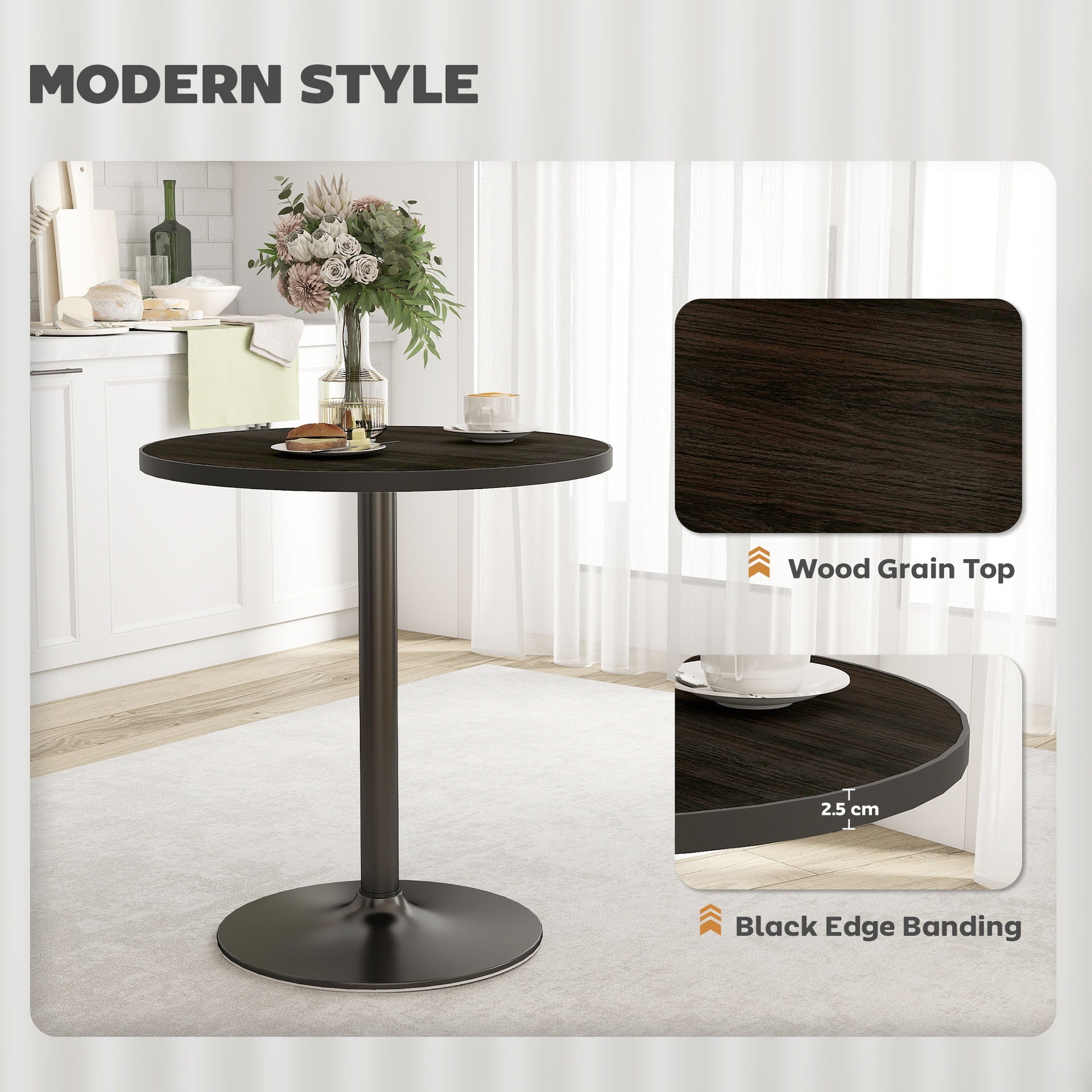 HOMCOM Round Dining Table for 2-4 People, Small Kitchen Table with Wood Grain Top, Black