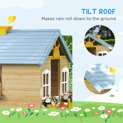 Outsunny Wooden Playhouse for Kids Outdoor Garden with Working Door, Windows, Bench, Service Station, Flowers Pot Holder, Blue