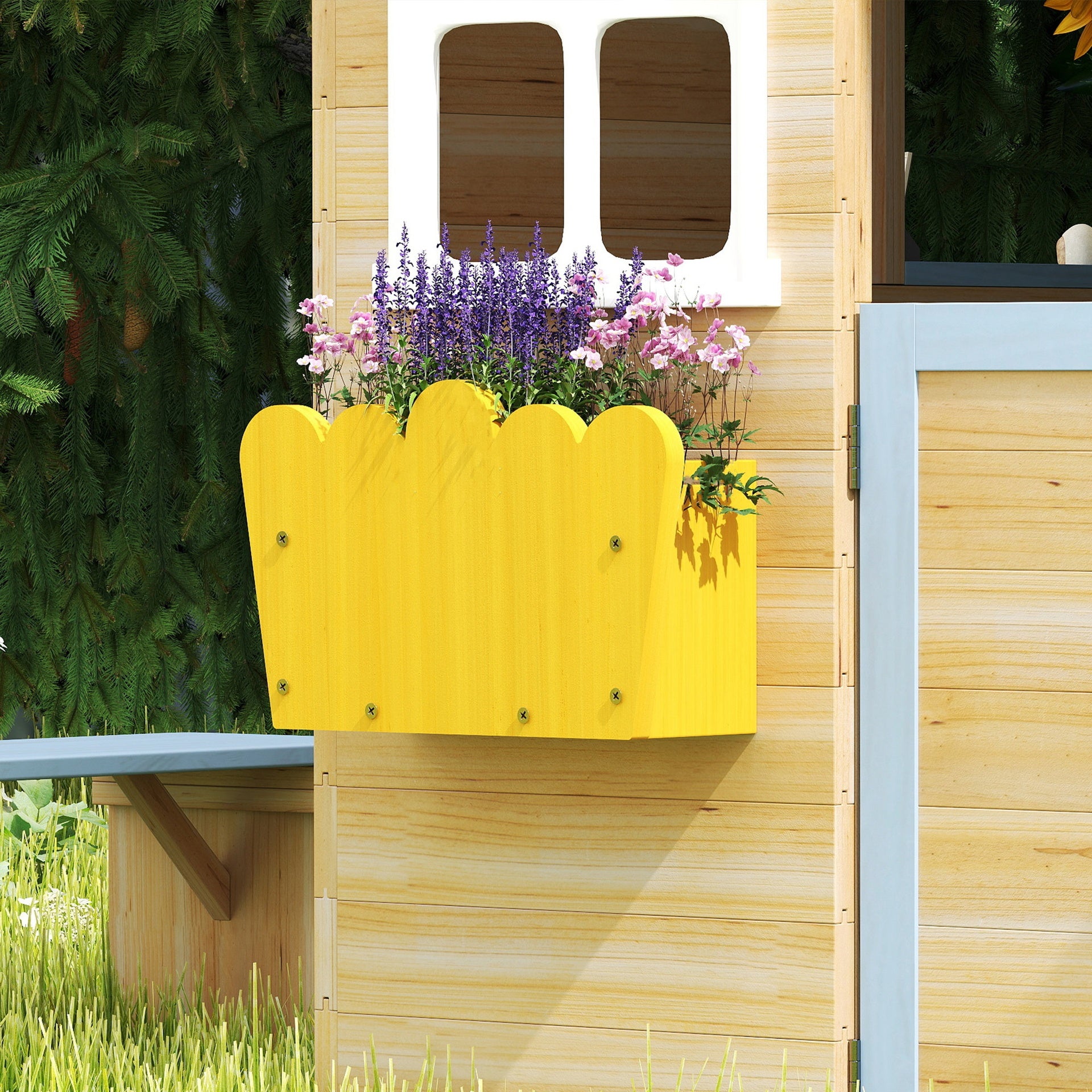 Outsunny Wooden Playhouse for Kids Outdoor Garden with Working Door, Windows, Bench, Service Station, Flowers Pot Holder, Blue