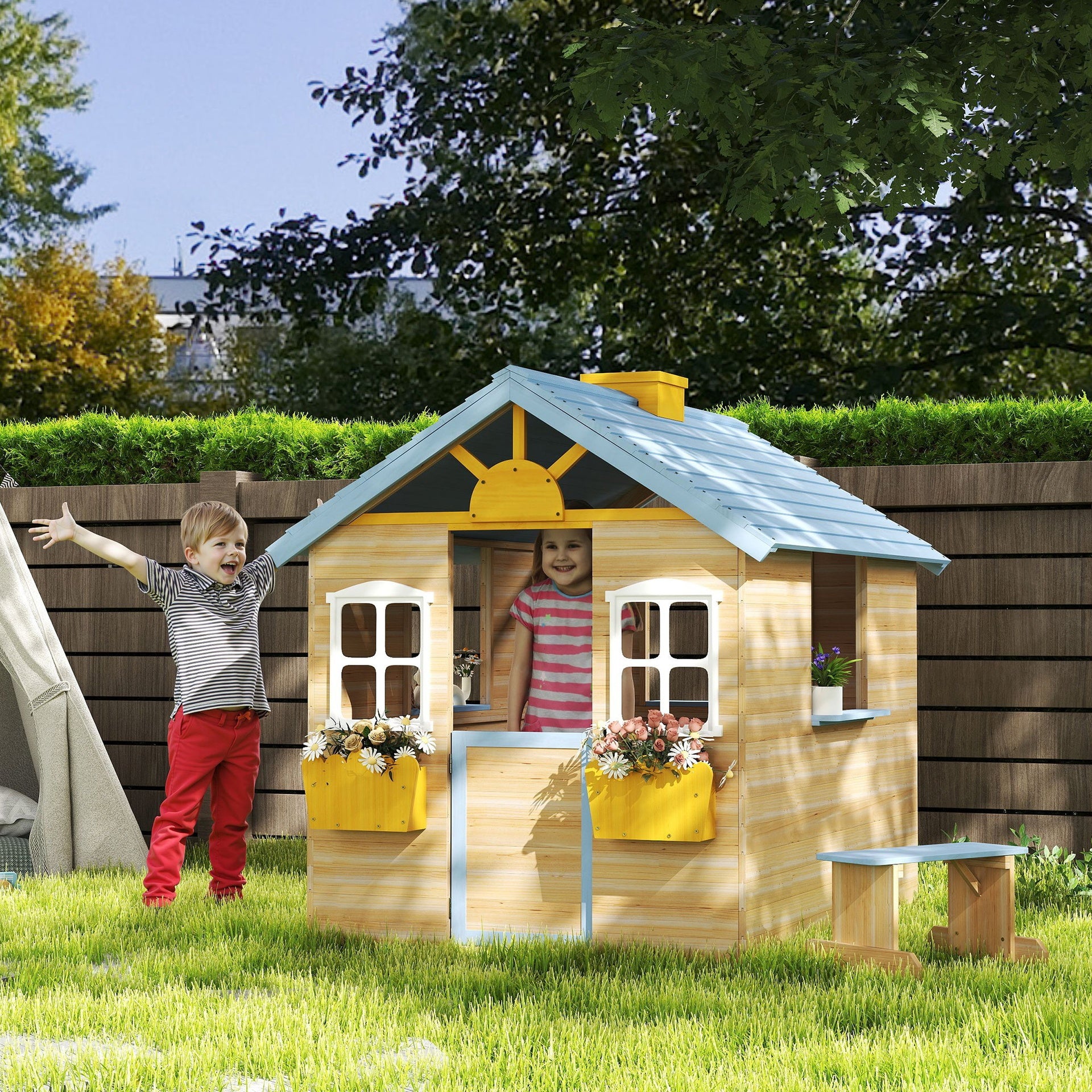 Outsunny Wooden Playhouse for Kids Outdoor Garden with Working Door, Windows, Bench, Service Station, Flowers Pot Holder, Blue