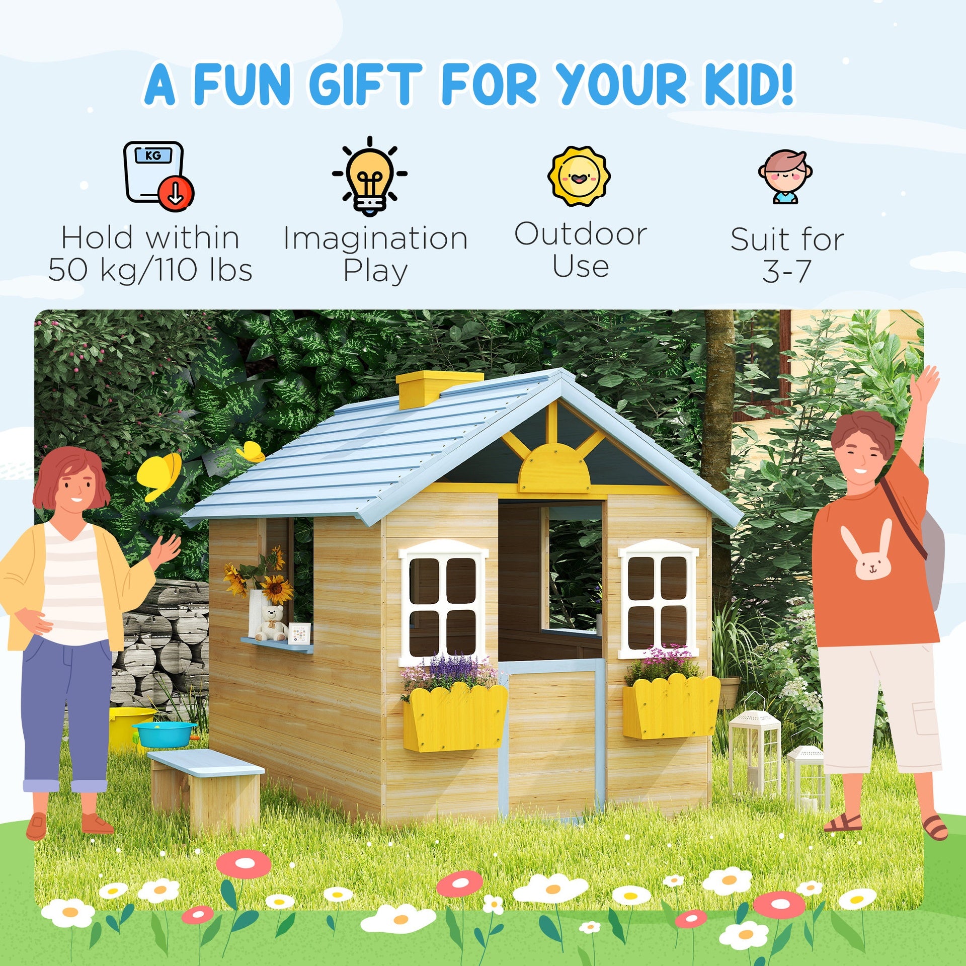 Outsunny Wooden Playhouse for Kids Outdoor Garden with Working Door, Windows, Bench, Service Station, Flowers Pot Holder, Blue