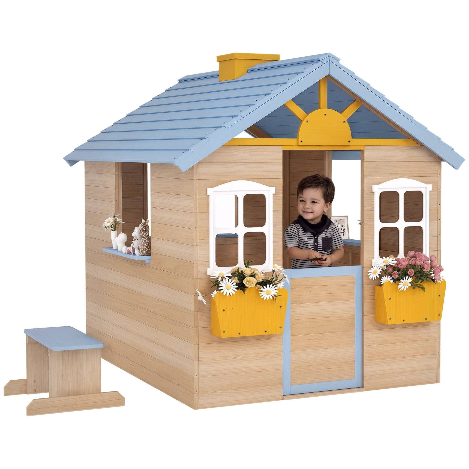 Outsunny Wooden Playhouse for Kids Outdoor Garden with Working Door, Windows, Bench, Service Station, Flowers Pot Holder, Blue