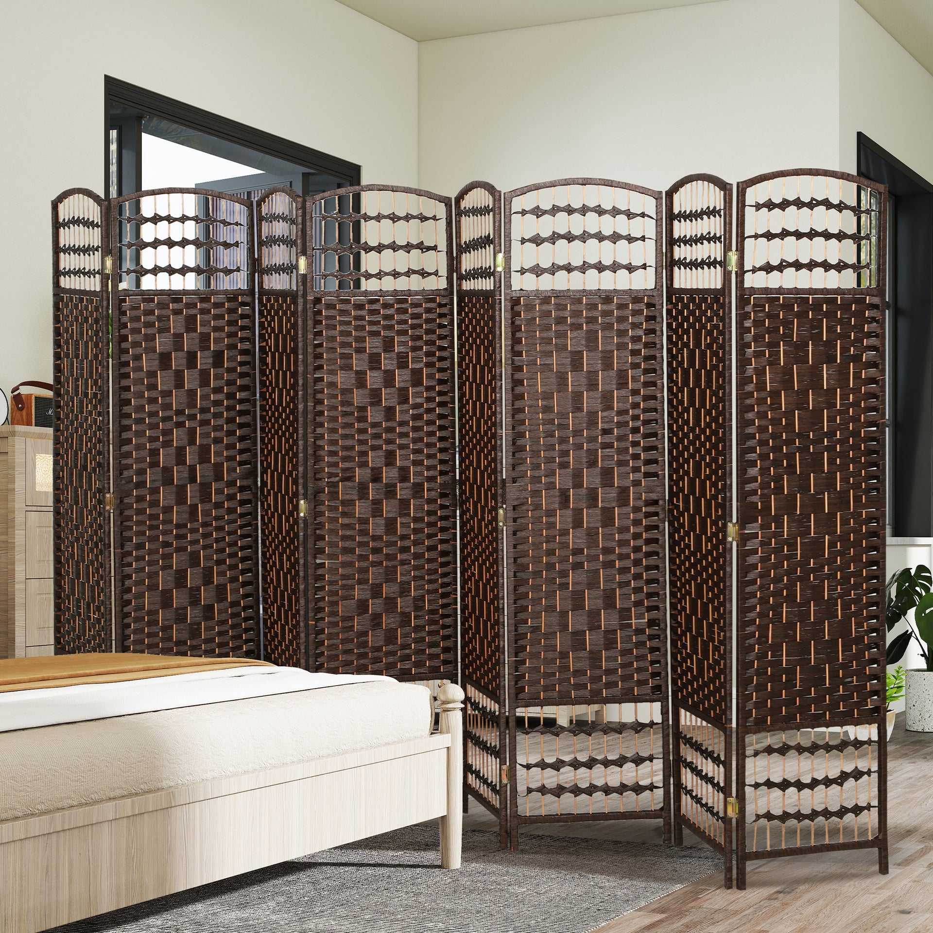 HOMCOM 8 Panel Folding Room Divider Portable Privacy Screen Wave Fiber Room Partition for Home Office Brown