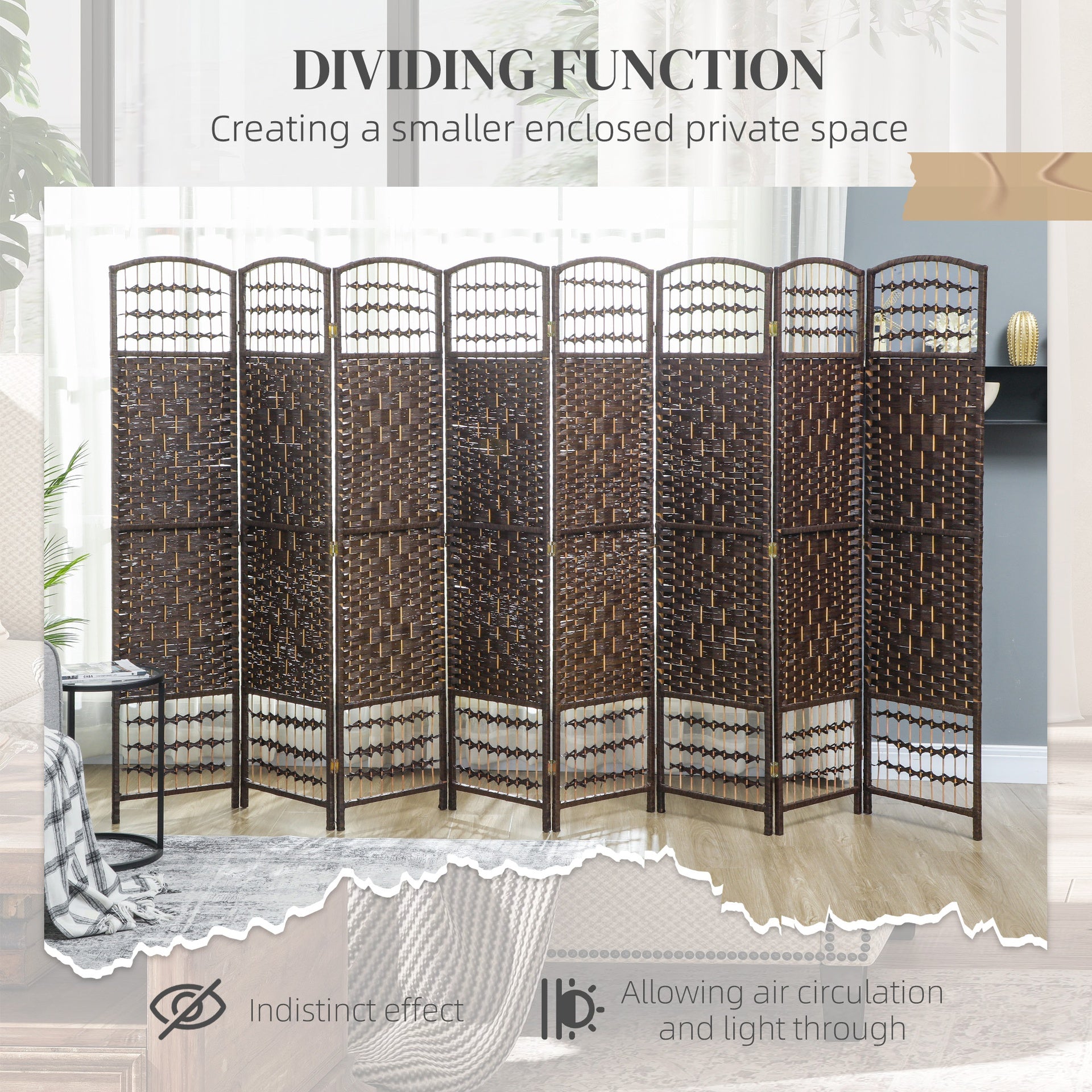 HOMCOM 8 Panel Folding Room Divider Portable Privacy Screen Wave Fiber Room Partition for Home Office Brown