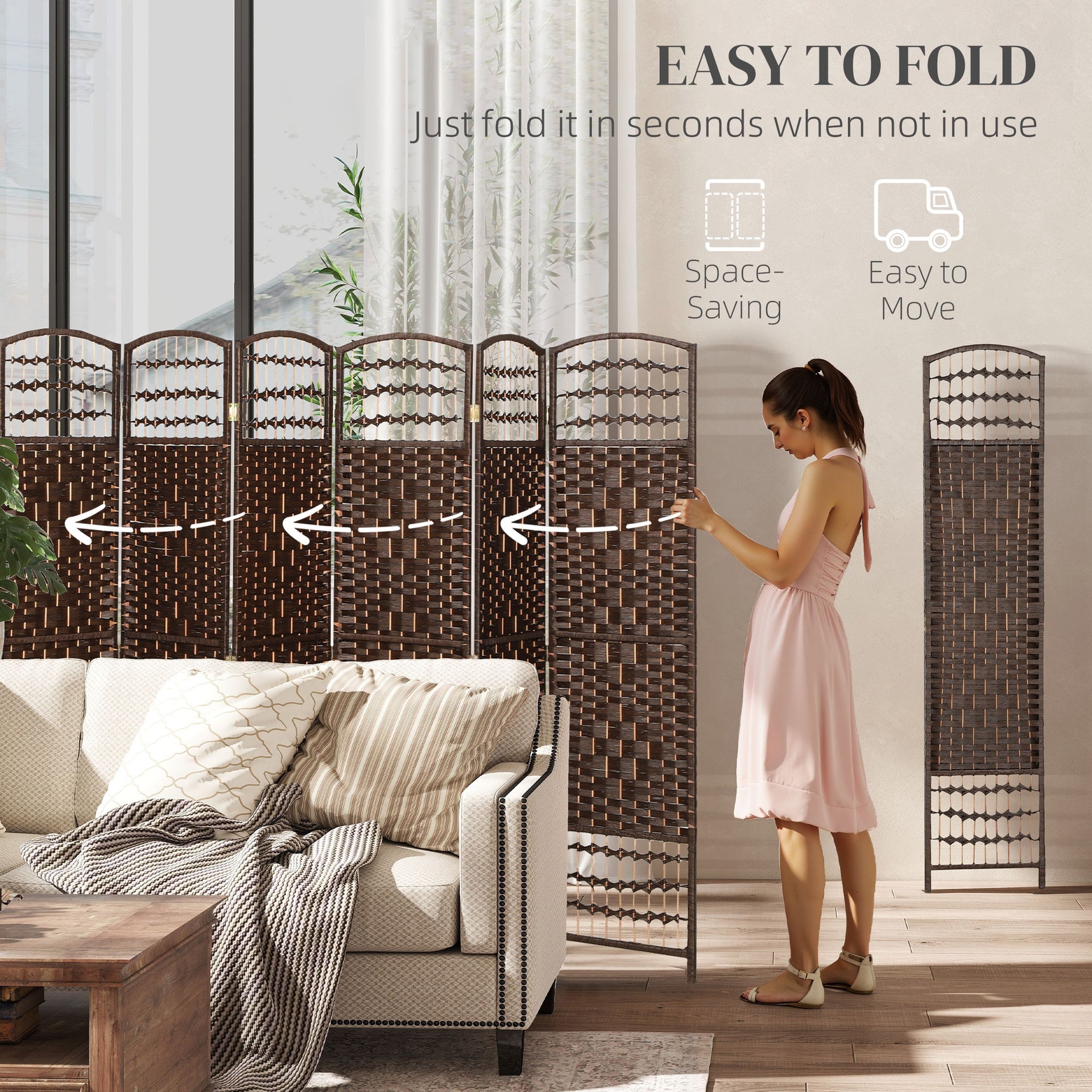 HOMCOM 8 Panel Folding Room Divider Portable Privacy Screen Wave Fiber Room Partition for Home Office Brown