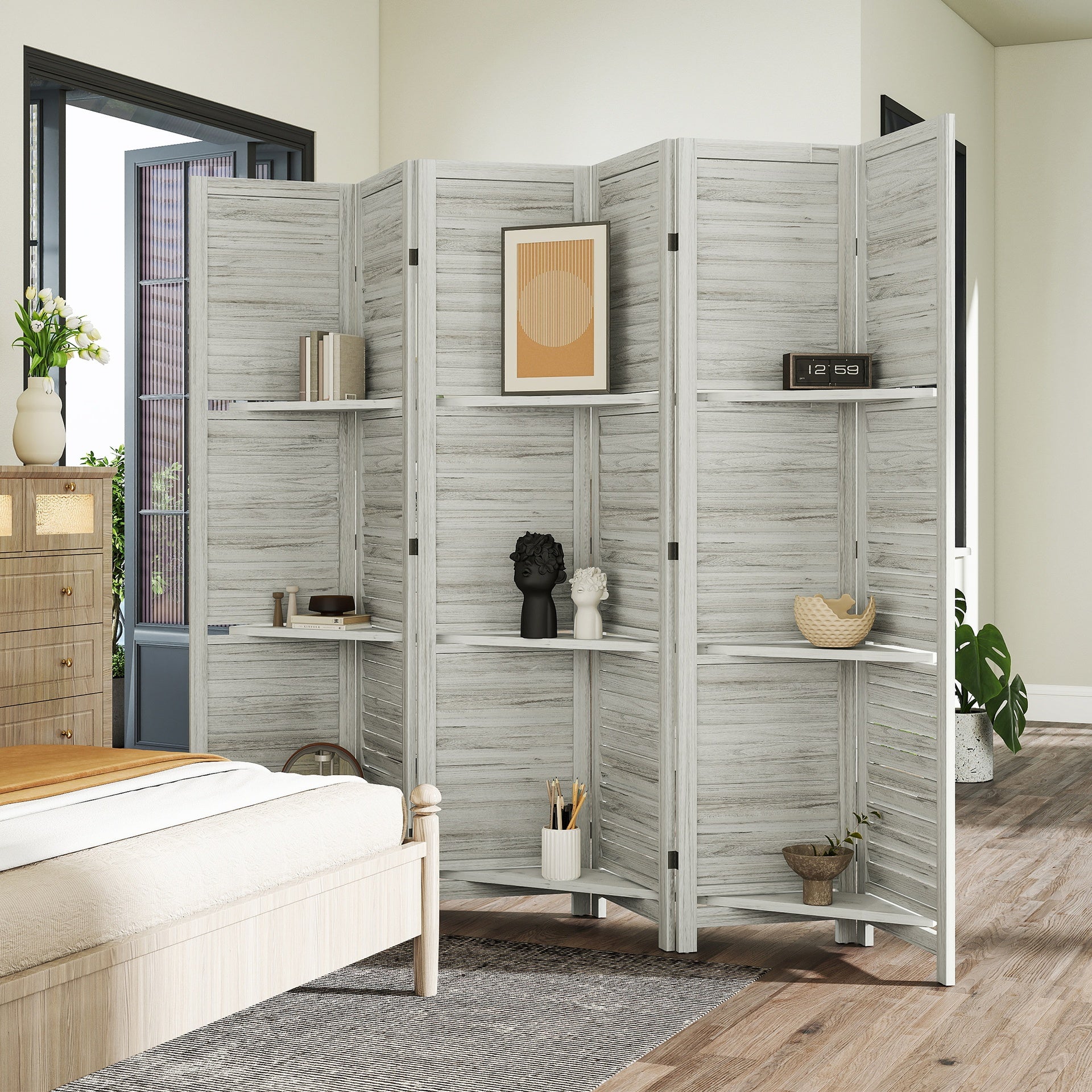 HOMCOM 6 Panel 67" Tall Wood Privacy Screen Room Divider with 3 Shelves and Folding Storage for Bedroom, White