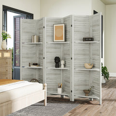 HOMCOM 6 Panel 67" Tall Wood Privacy Screen Room Divider with 3 Shelves and Folding Storage for Bedroom, White