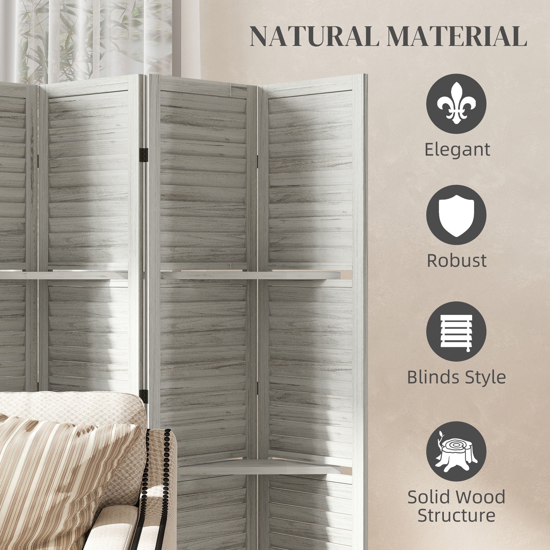 HOMCOM 6 Panel 67" Tall Wood Privacy Screen Room Divider with 3 Shelves and Folding Storage for Bedroom, White