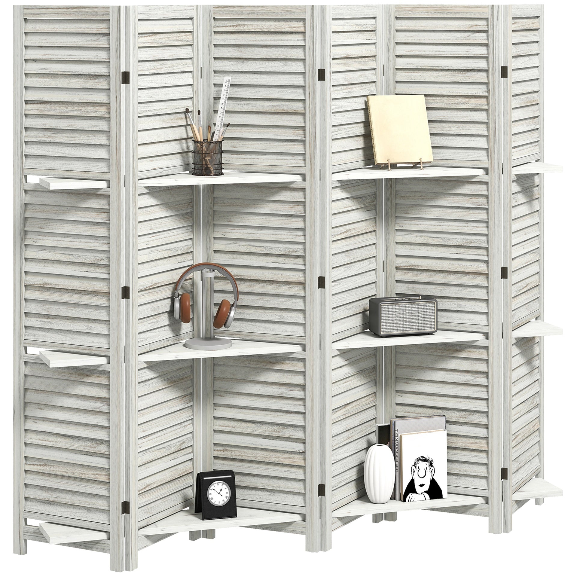 HOMCOM 6 Panel 67" Tall Wood Privacy Screen Room Divider with 3 Shelves and Folding Storage for Bedroom, White