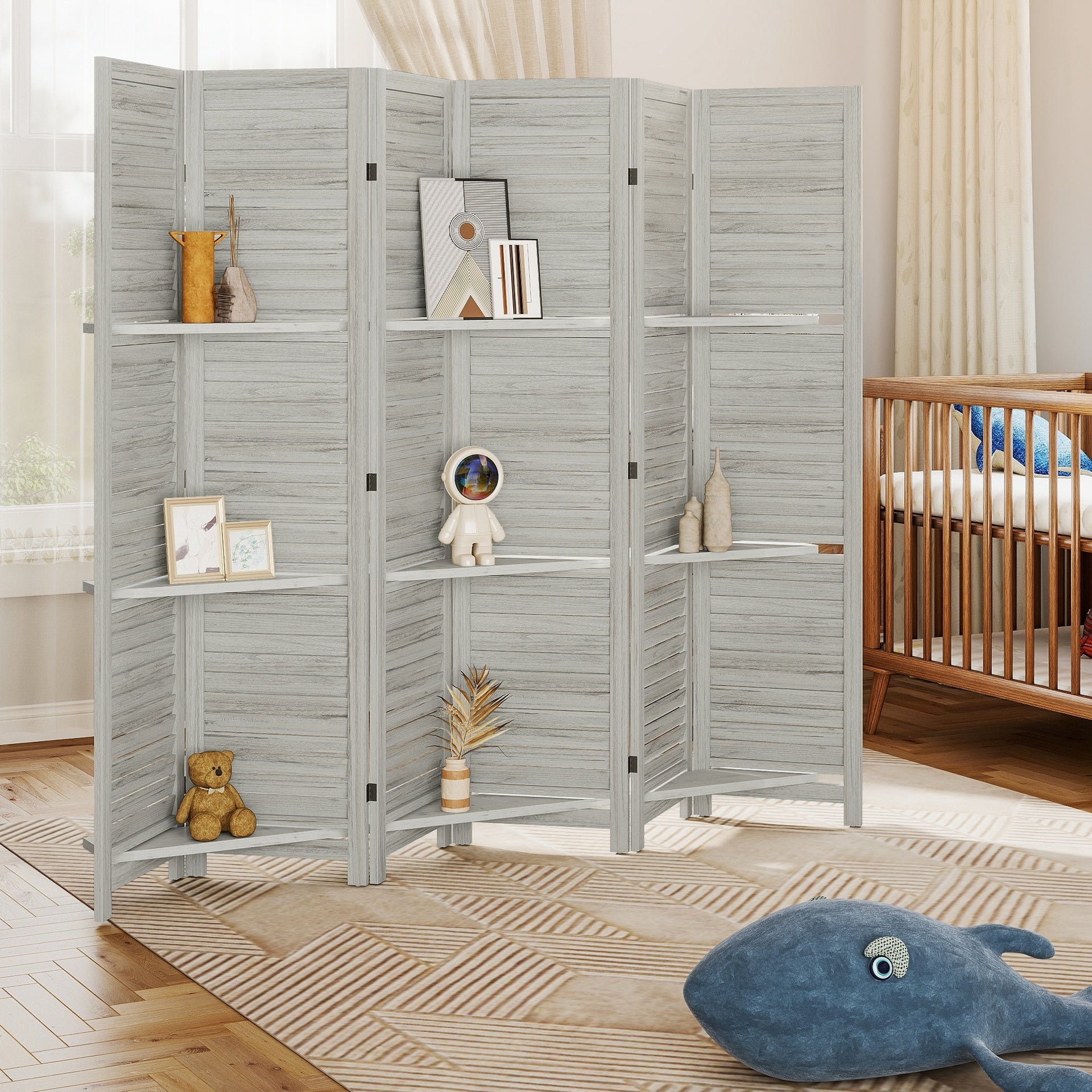 HOMCOM 6 Panel 67" Tall Wood Privacy Screen Room Divider with 3 Shelves and Folding Storage for Bedroom, White