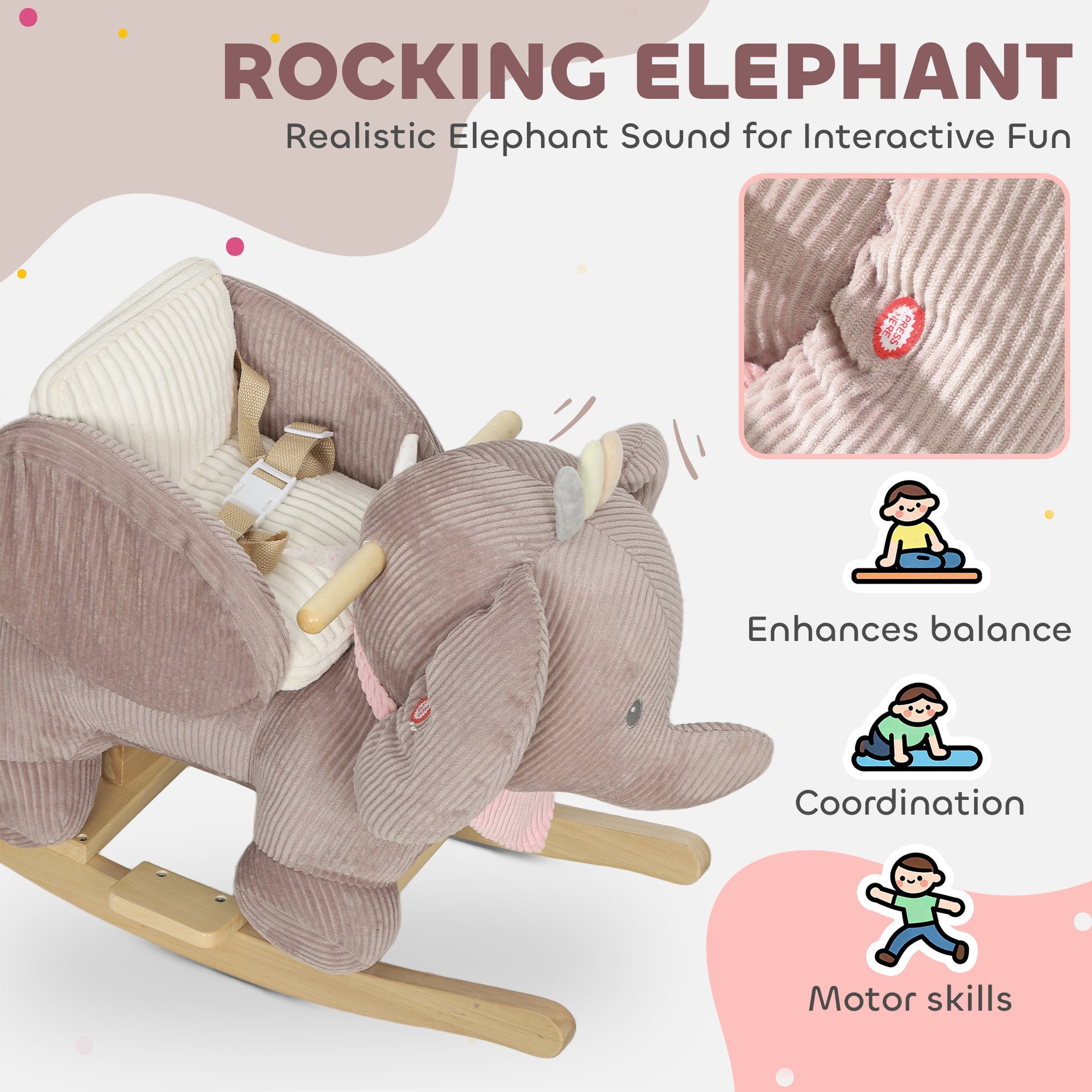 Qaba Baby Rocking Horse with Seat, Kids Ride On Toy with Realistic Elephant Sound and Safety Belt for 18 to 36 Months, Pink