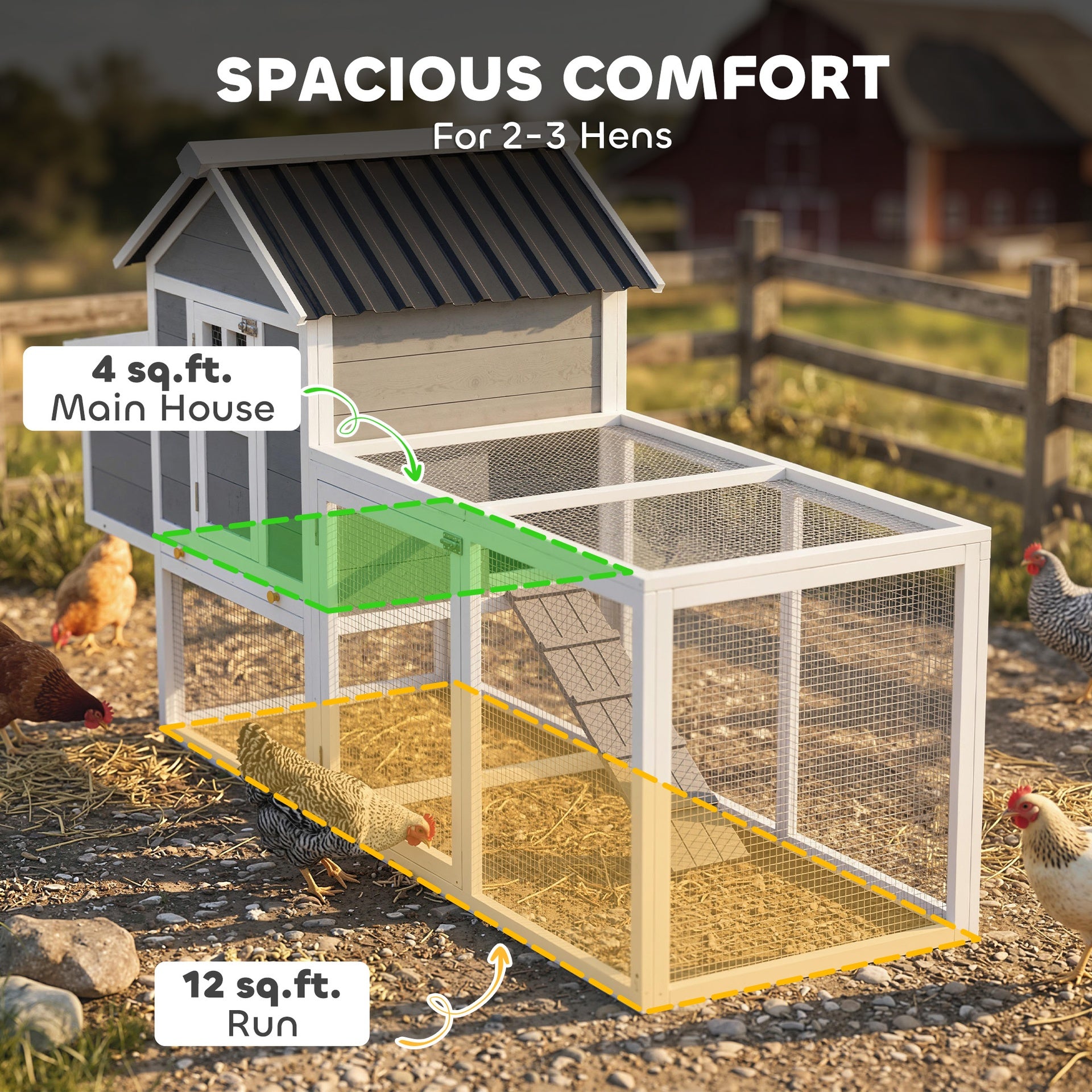 PawHut 82" Wooden Chicken Coop, Large Outdoor Hen House for 2-3 Hens, Chicken House with Nesting Box, Pull-on Tray