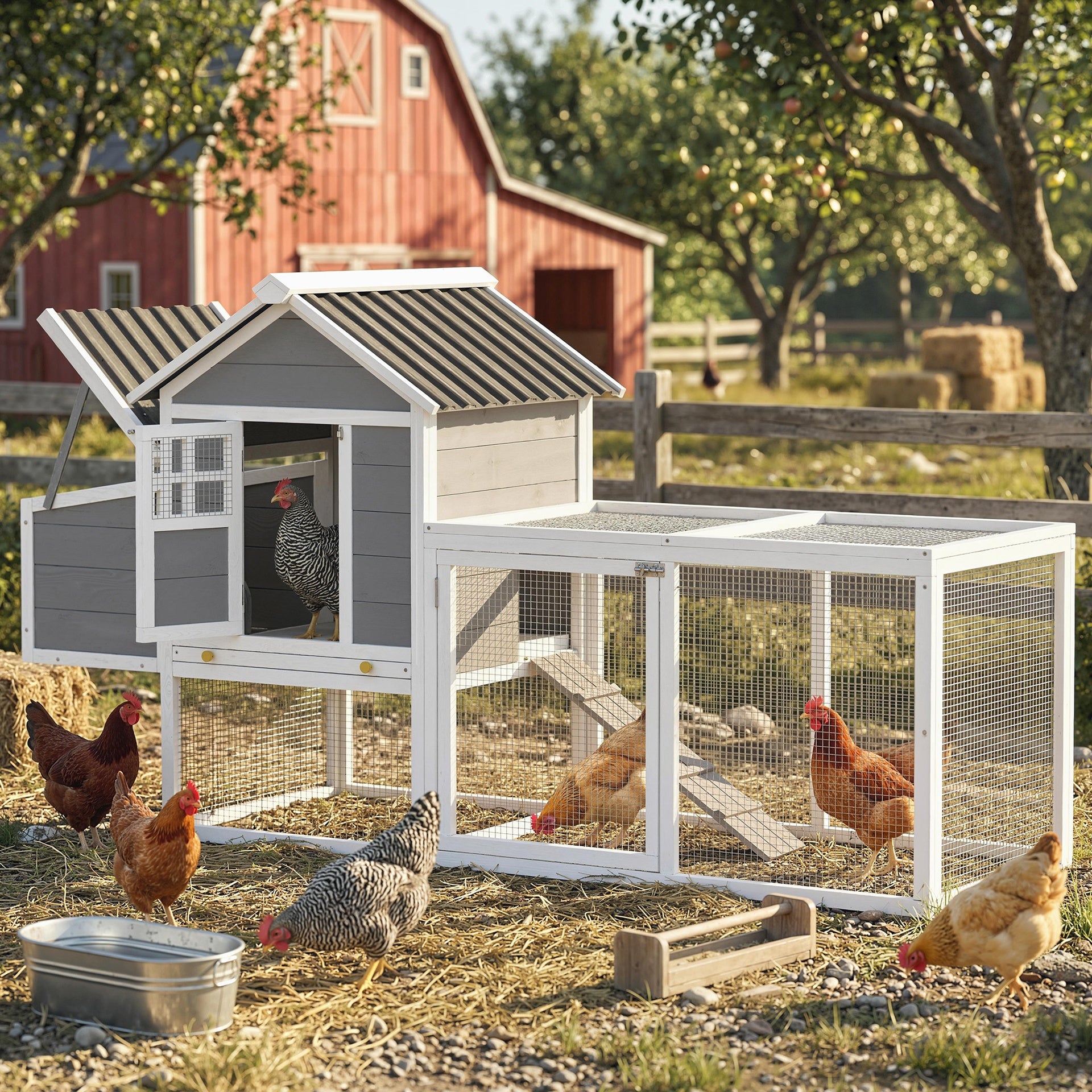 PawHut 82" Wooden Chicken Coop, Large Outdoor Hen House for 2-3 Hens, Chicken House with Nesting Box, Pull-on Tray