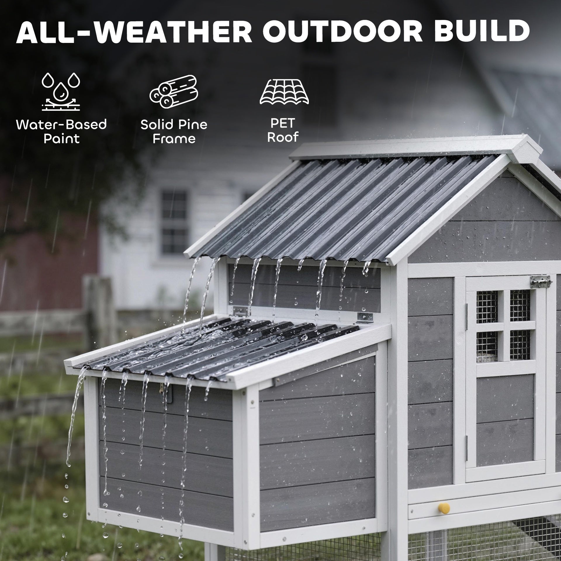 PawHut 82" Wooden Chicken Coop, Large Outdoor Hen House for 2-3 Hens, Chicken House with Nesting Box, Pull-on Tray